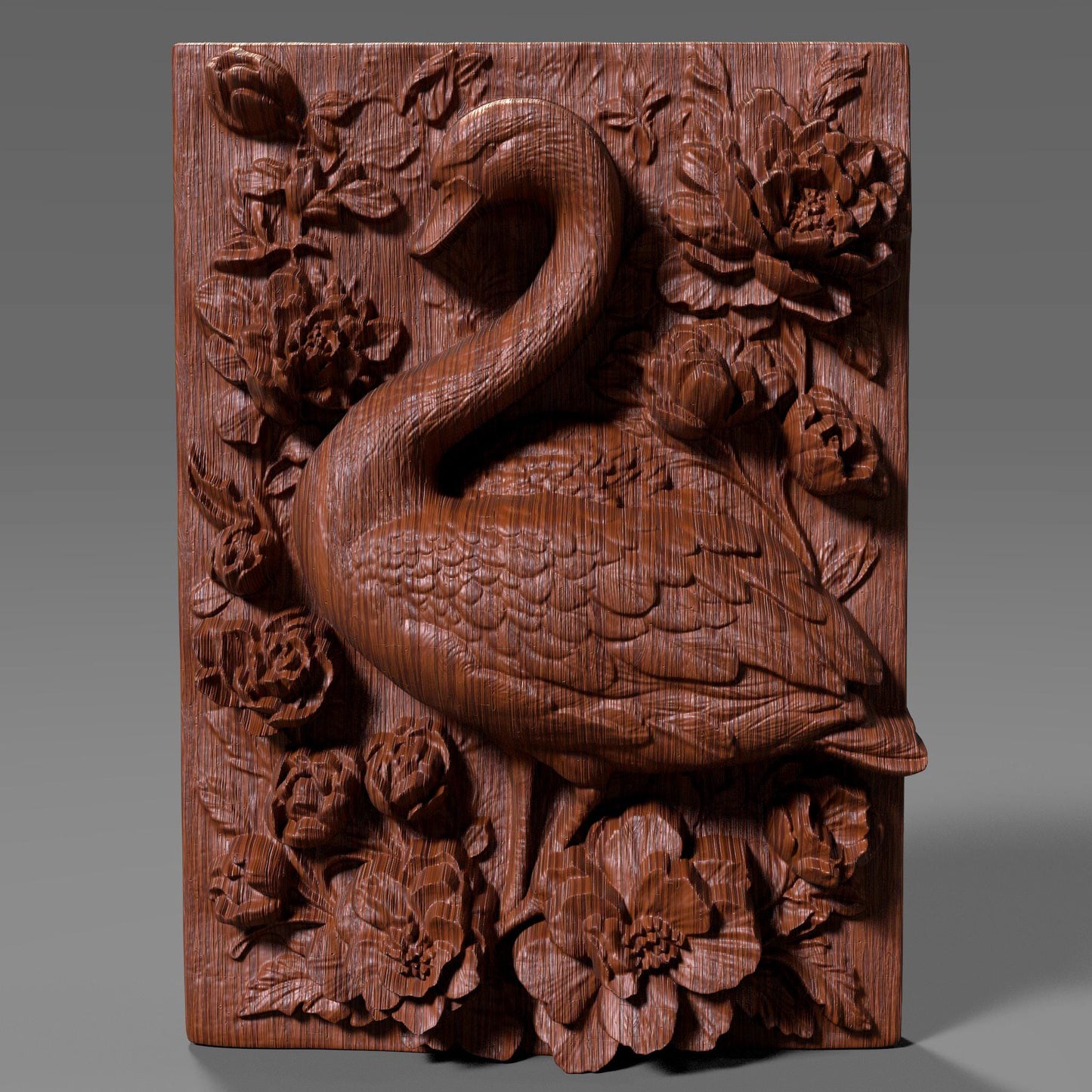 A detailed 3D bas-relief sculpture featuring a graceful swan surrounded by lush tropical flowers and leaves, reminiscent of peonies or hibiscus. The swan is elegantly curved, with finely sculpted feathers, framed by blooming floral elements that evoke a serene summer or beachside setting. Designed for CNC carving, laser engraving, or 3D printing in wood or resin. Perfect for tropical-themed wall decor, summer gifts, or exotic nature-inspired art panels.