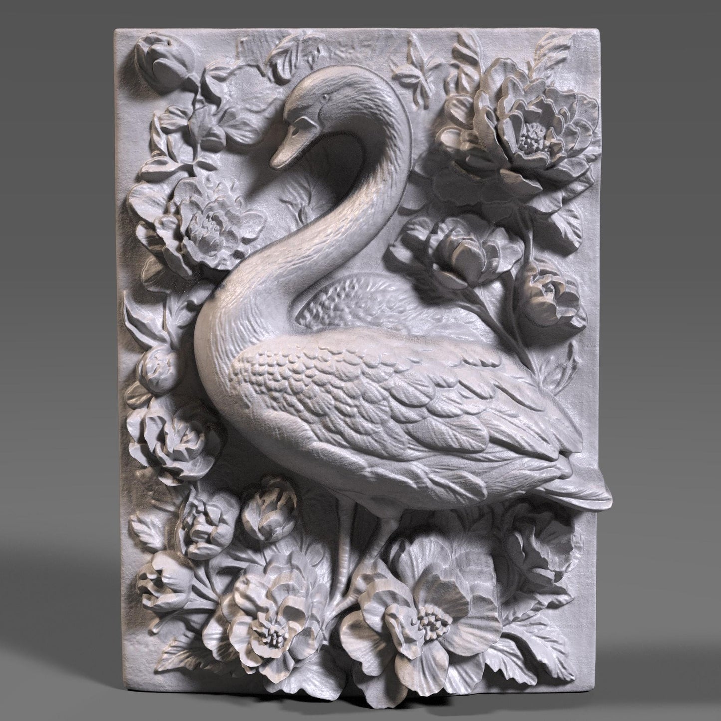 A detailed 3D bas-relief sculpture featuring a graceful swan surrounded by lush tropical flowers and leaves, reminiscent of peonies or hibiscus. The swan is elegantly curved, with finely sculpted feathers, framed by blooming floral elements that evoke a serene summer or beachside setting. Designed for CNC carving, laser engraving, or 3D printing in wood or resin. Perfect for tropical-themed wall decor, summer gifts, or exotic nature-inspired art panels.