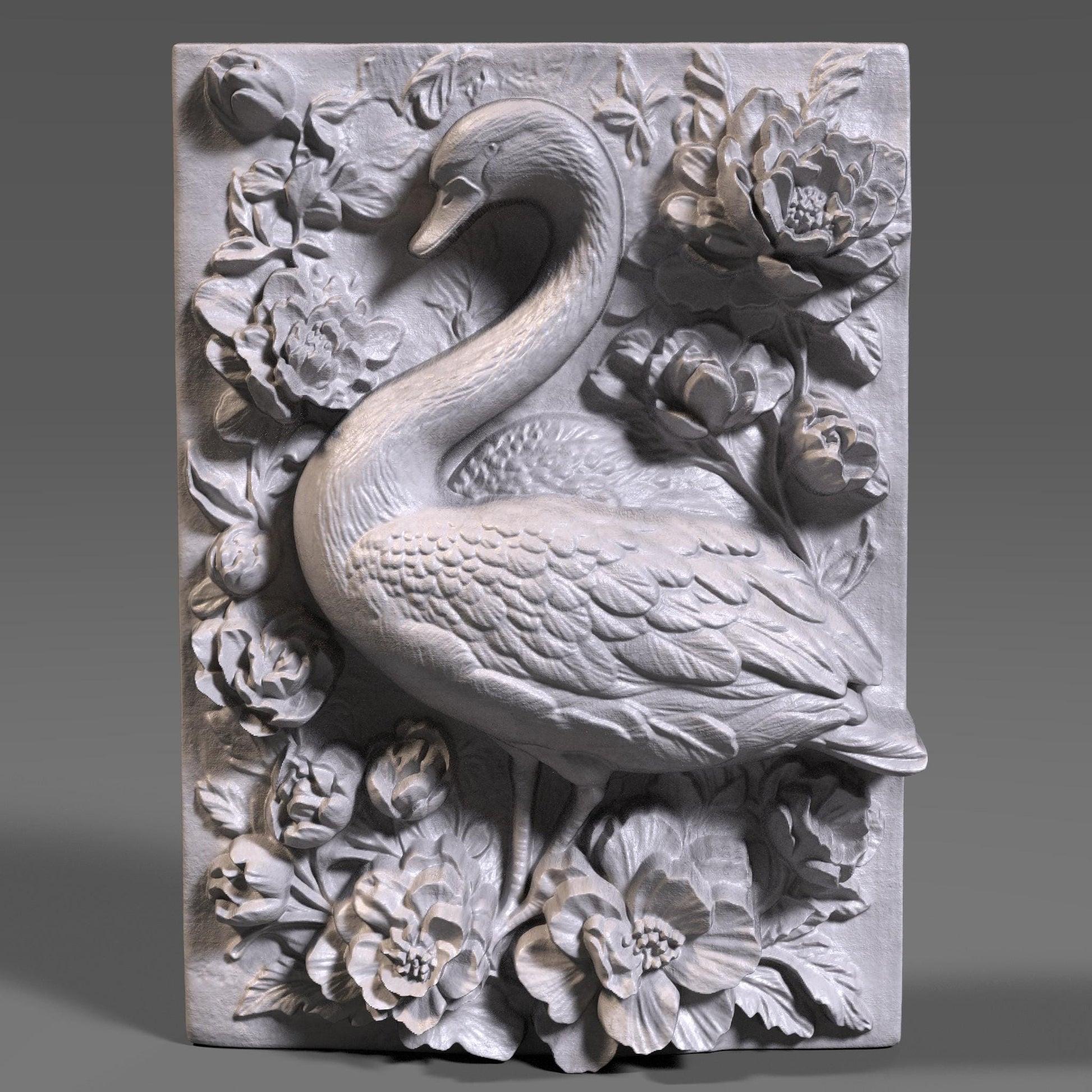 A detailed 3D bas-relief sculpture featuring a graceful swan surrounded by lush tropical flowers and leaves, reminiscent of peonies or hibiscus. The swan is elegantly curved, with finely sculpted feathers, framed by blooming floral elements that evoke a serene summer or beachside setting. Designed for CNC carving, laser engraving, or 3D printing in wood or resin. Perfect for tropical-themed wall decor, summer gifts, or exotic nature-inspired art panels.