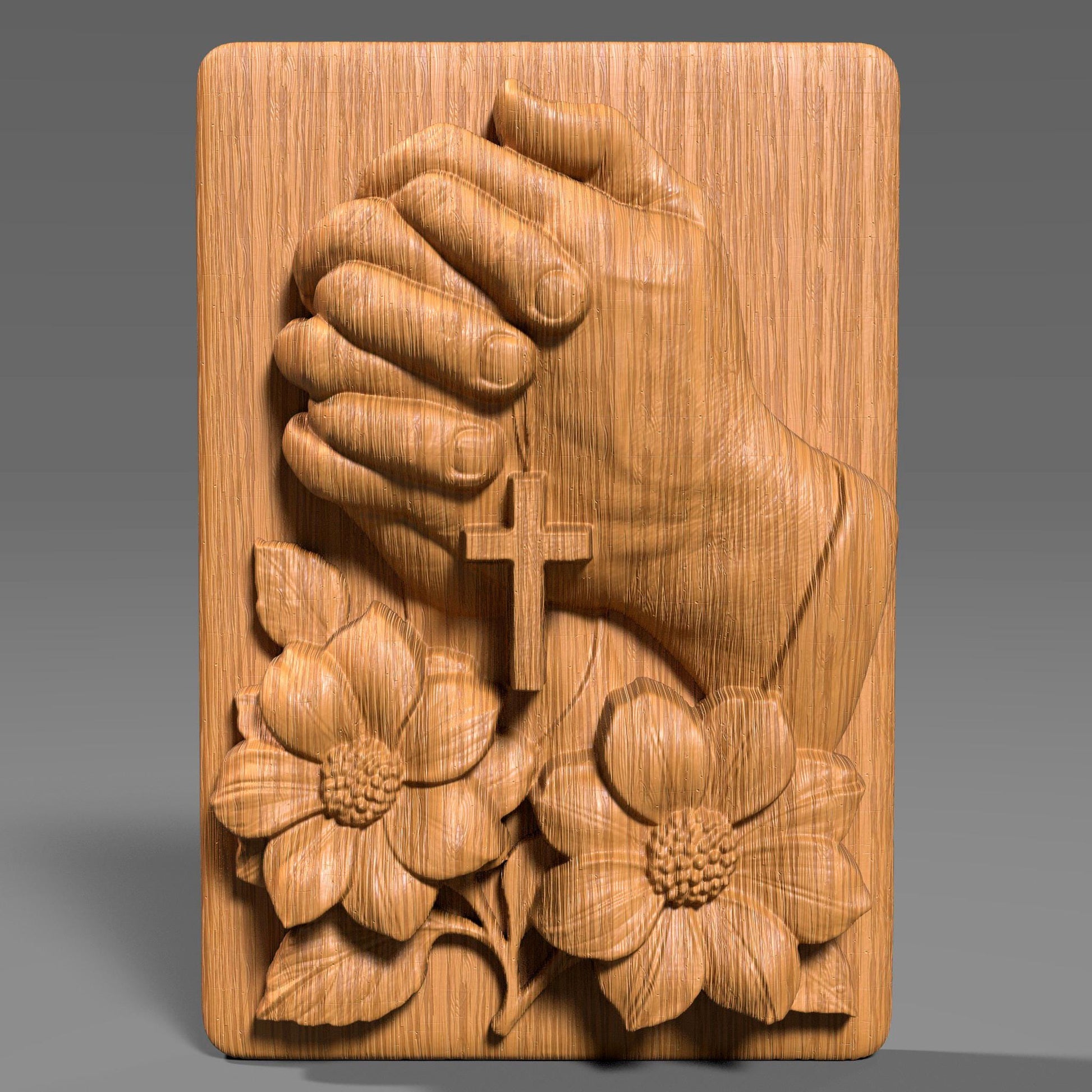 A 3D digital bas-relief sculpture of two hands clasped in prayer, holding a cross pendant, surrounded by beautifully detailed blooming flowers. The piece symbolizes faith, hope, and devotion. Designed with soft curves and natural textures, it's ideal for CNC carving, laser engraving, or 3D printing in wood, resin, or stone. Perfect for religious wall decor, Christian gifts, or memorial plaques that bring peace and inspiration to any space.