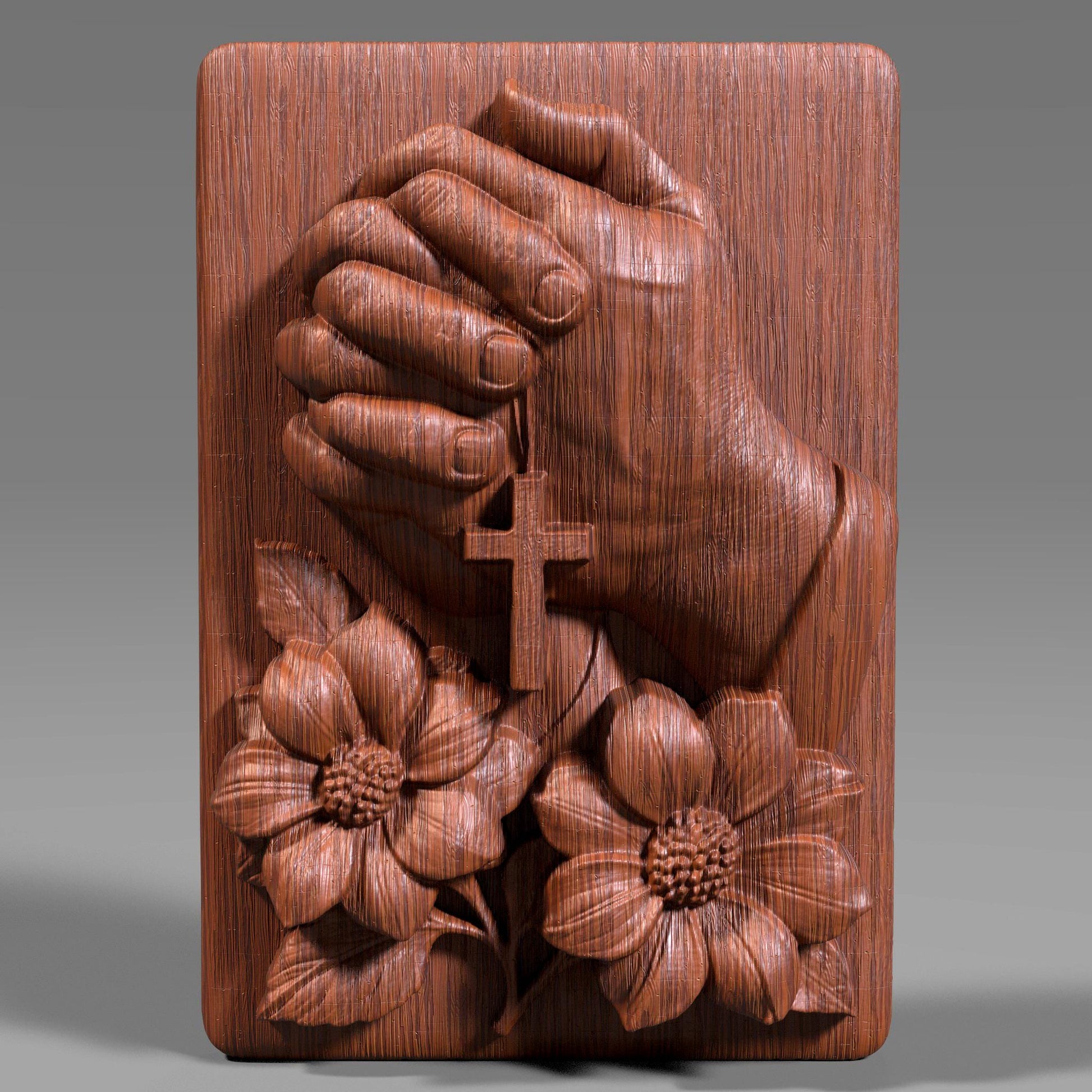 A 3D digital bas-relief sculpture of two hands clasped in prayer, holding a cross pendant, surrounded by beautifully detailed blooming flowers. The piece symbolizes faith, hope, and devotion. Designed with soft curves and natural textures, it's ideal for CNC carving, laser engraving, or 3D printing in wood, resin, or stone. Perfect for religious wall decor, Christian gifts, or memorial plaques that bring peace and inspiration to any space.