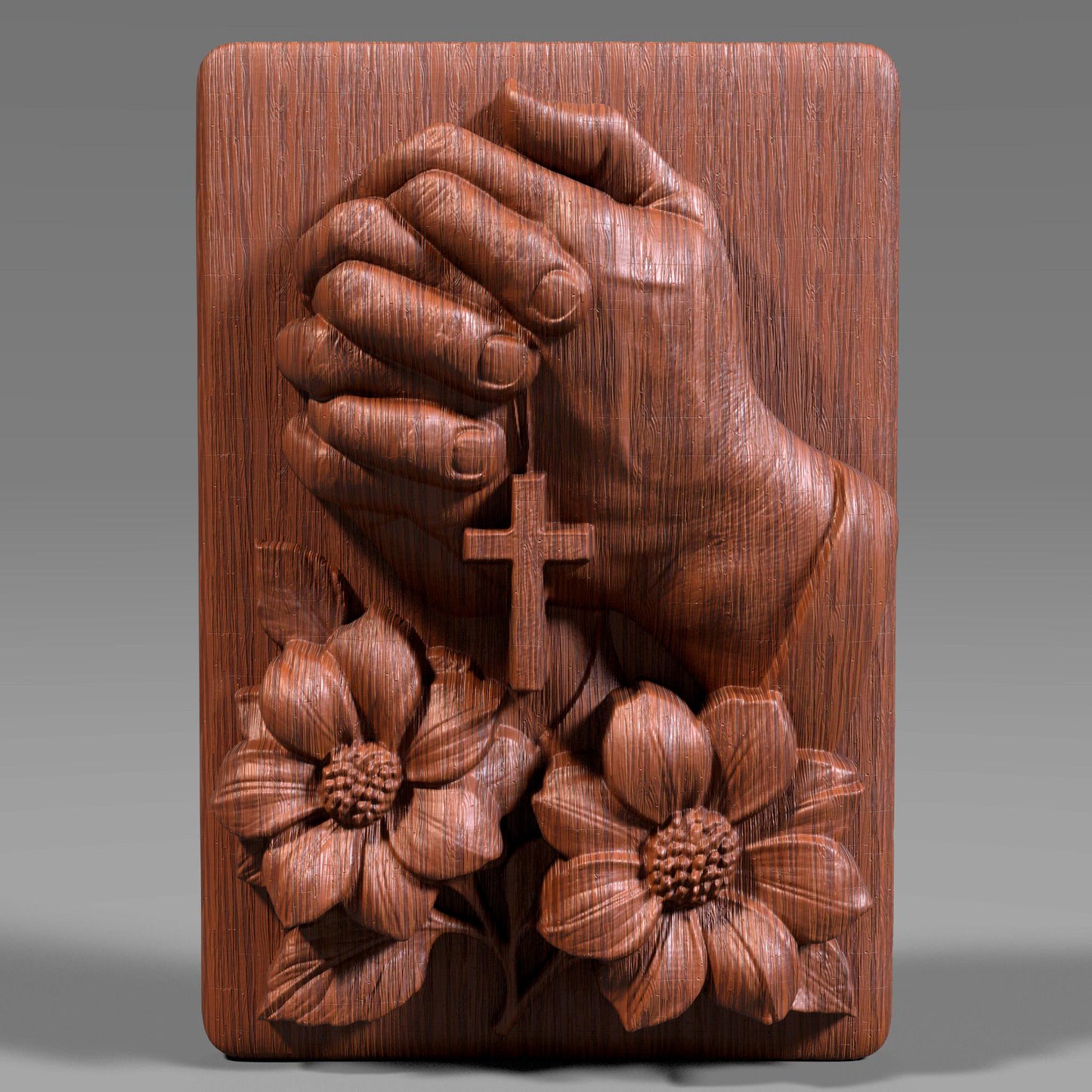 A 3D digital bas-relief sculpture of two hands clasped in prayer, holding a cross pendant, surrounded by beautifully detailed blooming flowers. The piece symbolizes faith, hope, and devotion. Designed with soft curves and natural textures, it's ideal for CNC carving, laser engraving, or 3D printing in wood, resin, or stone. Perfect for religious wall decor, Christian gifts, or memorial plaques that bring peace and inspiration to any space.