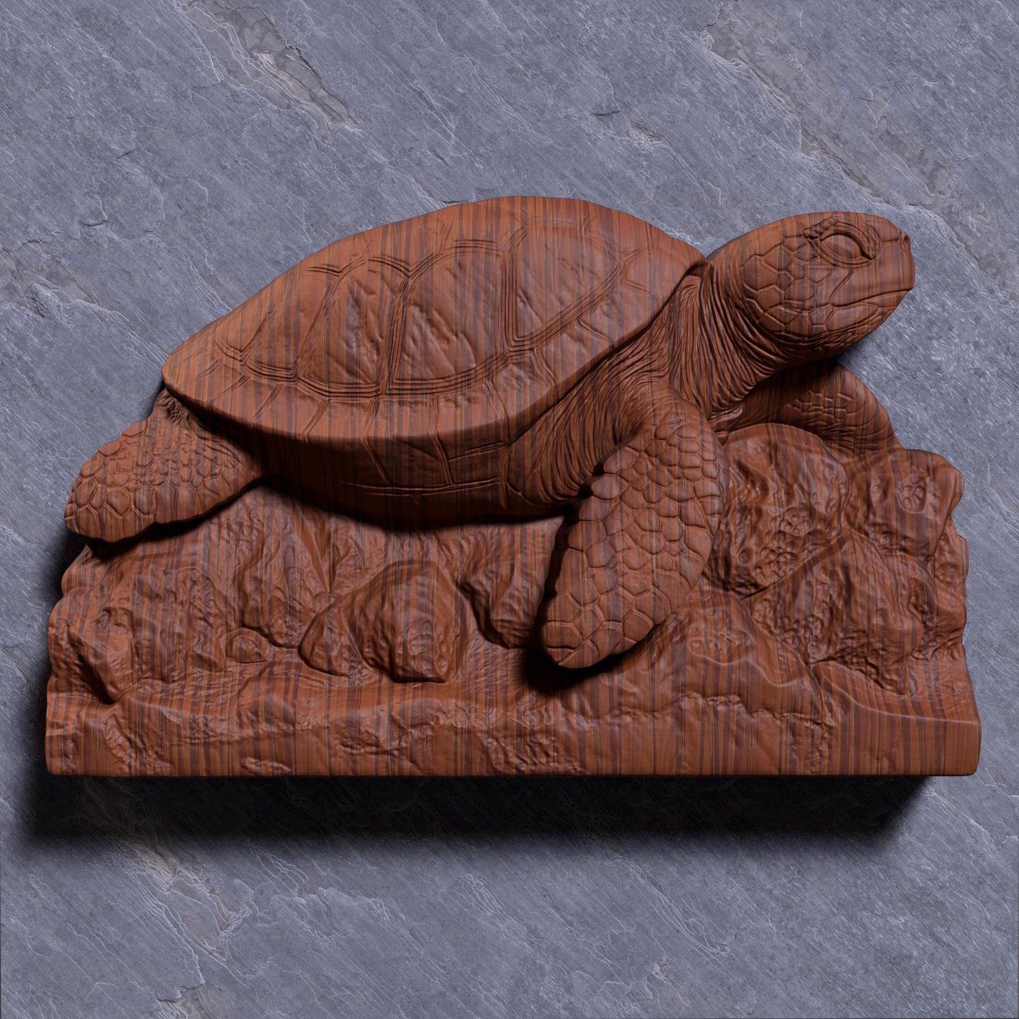 Highly detailed sea turtle bas-relief design resting on rocky ocean terrain, ideal for marine-themed wall decor or beach house accents. Perfect for CNC carving, laser engraving, or 3D printing in wood, resin, or ivory-like materials. This ocean turtle model captures realistic shell patterns and texture, making it a great digital file for coastal or summer-themed DIY projects and artisan creations.