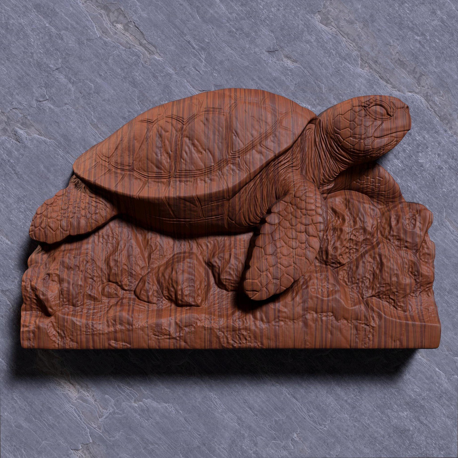 Highly detailed sea turtle bas-relief design resting on rocky ocean terrain, ideal for marine-themed wall decor or beach house accents. Perfect for CNC carving, laser engraving, or 3D printing in wood, resin, or ivory-like materials. This ocean turtle model captures realistic shell patterns and texture, making it a great digital file for coastal or summer-themed DIY projects and artisan creations.