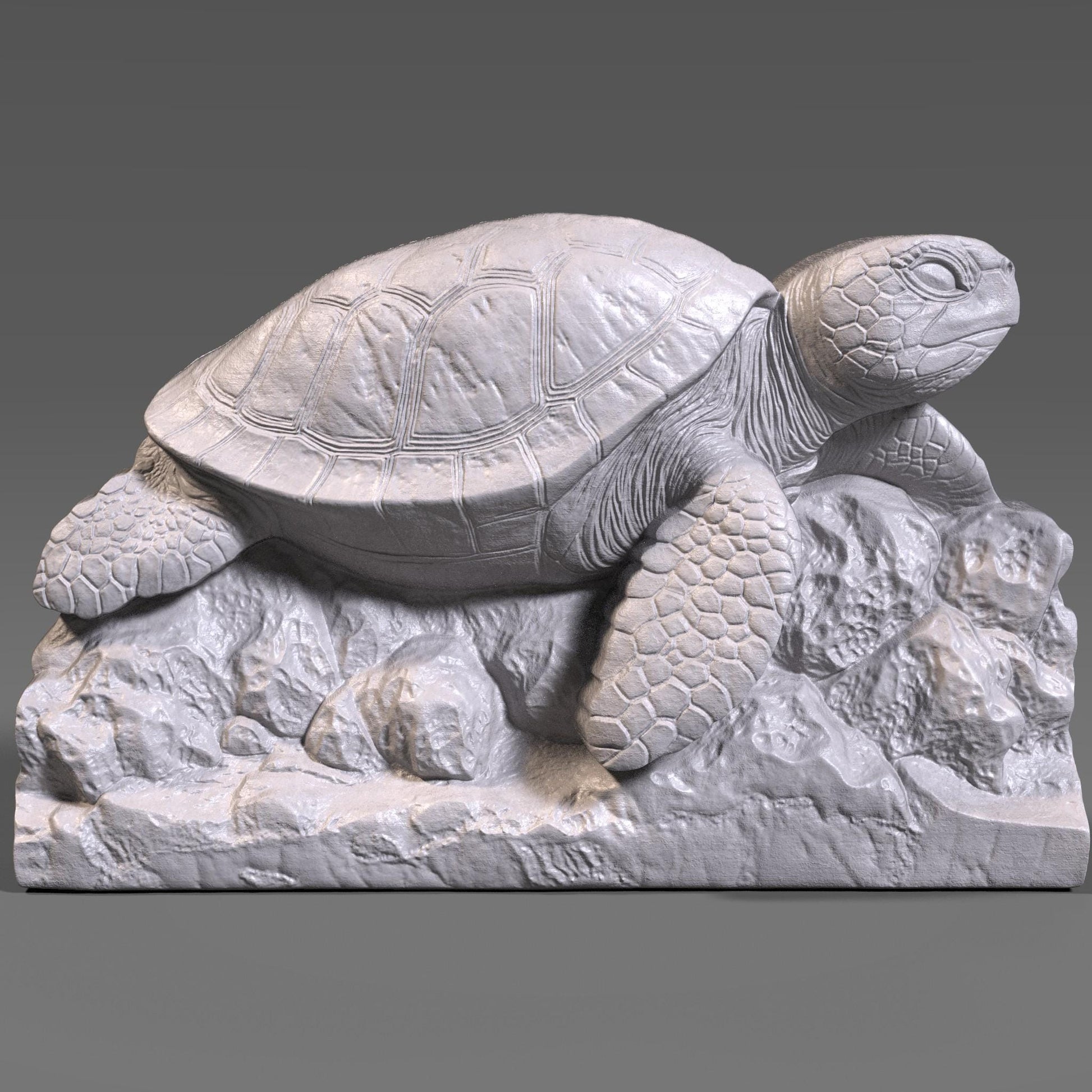 Highly detailed sea turtle bas-relief design resting on rocky ocean terrain, ideal for marine-themed wall decor or beach house accents. Perfect for CNC carving, laser engraving, or 3D printing in wood, resin, or ivory-like materials. This ocean turtle model captures realistic shell patterns and texture, making it a great digital file for coastal or summer-themed DIY projects and artisan creations.
