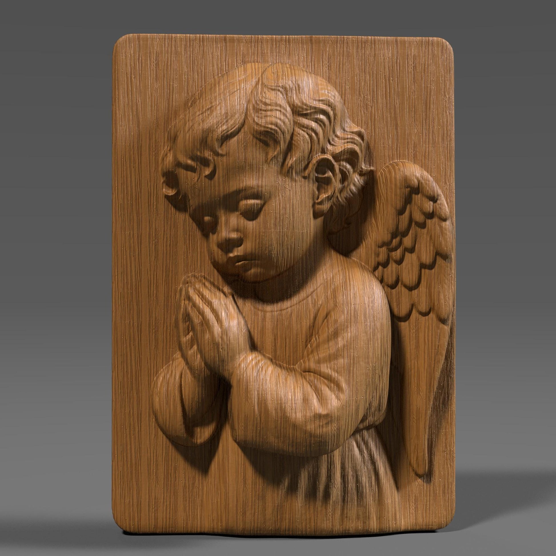 A 3D bas-relief of a praying angel child with peaceful expression, folded hands, and softly detailed wings, set on a rectangular panel. This Christian and Catholic-themed design symbolizes innocence, faith, and devotion. Perfect for CNC, laser, or 3D printing in wood or resin. Ideal for church decoration, baptism gifts, Catholic nurseries, or spiritual wall art for memorials or prayer rooms.