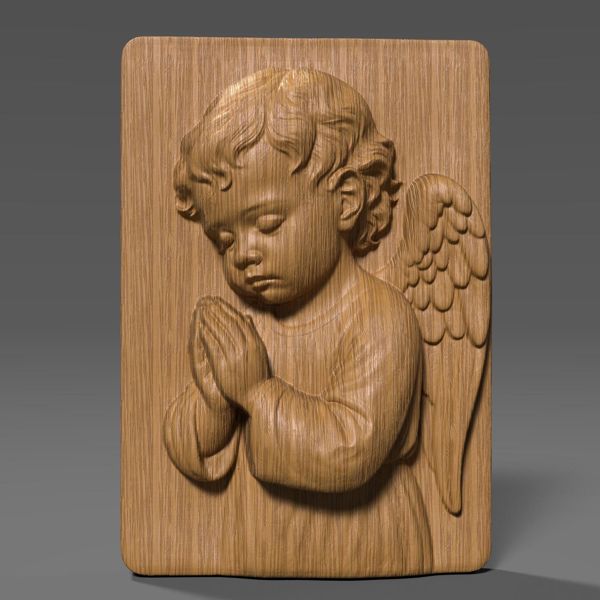 A 3D bas-relief of a praying angel child with peaceful expression, folded hands, and softly detailed wings, set on a rectangular panel. This Christian and Catholic-themed design symbolizes innocence, faith, and devotion. Perfect for CNC, laser, or 3D printing in wood or resin. Ideal for church decoration, baptism gifts, Catholic nurseries, or spiritual wall art for memorials or prayer rooms.