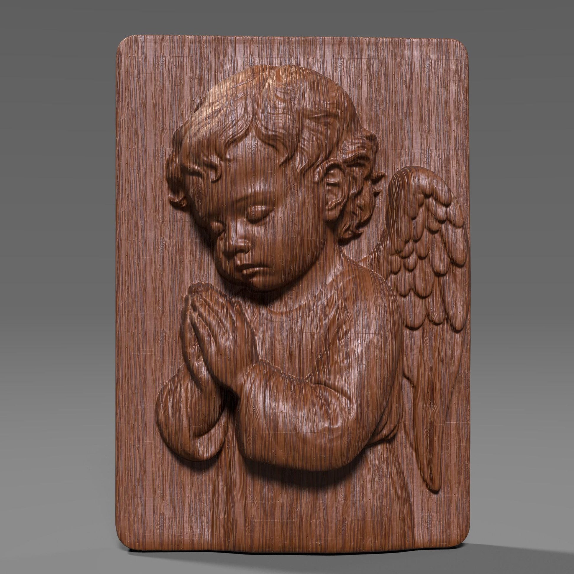 A 3D bas-relief of a praying angel child with peaceful expression, folded hands, and softly detailed wings, set on a rectangular panel. This Christian and Catholic-themed design symbolizes innocence, faith, and devotion. Perfect for CNC, laser, or 3D printing in wood or resin. Ideal for church decoration, baptism gifts, Catholic nurseries, or spiritual wall art for memorials or prayer rooms.