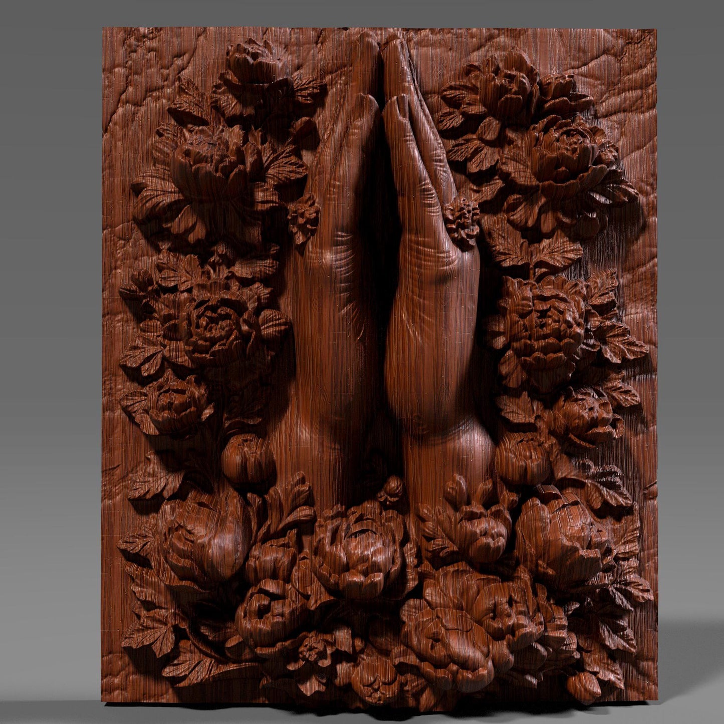 A beautiful 3D bas-relief of two hands joined in prayer, surrounded by intricate blooming flowers, symbolizing peace, devotion, and spirituality. Ideal for CNC carving, laser engraving, or 3D printing in wood, resin, or marble. This Christian and Catholic-themed panel works perfectly as prayer room wall decor, memorial art, or a meaningful gift for faith-based celebrations and religious home spaces.