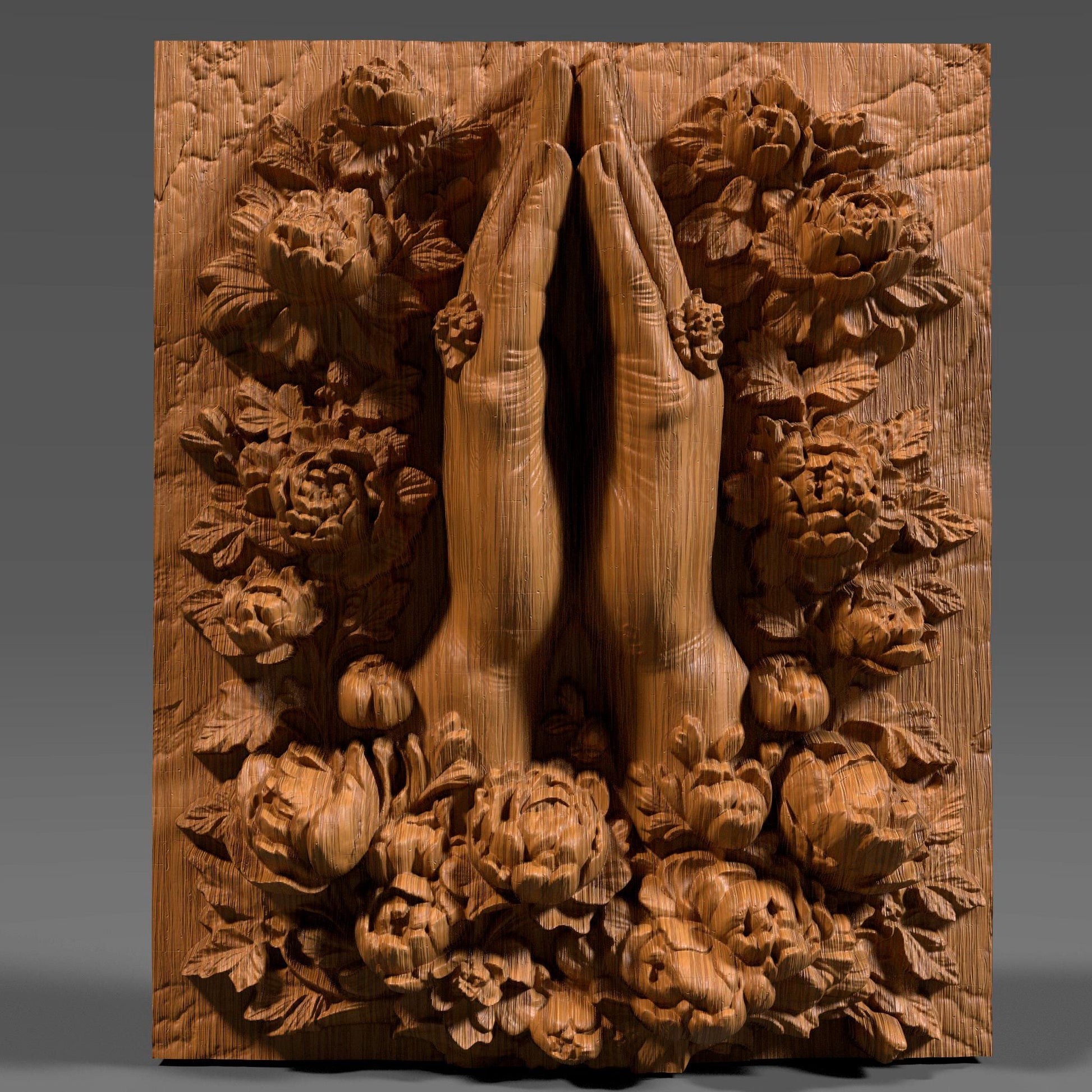 A beautiful 3D bas-relief of two hands joined in prayer, surrounded by intricate blooming flowers, symbolizing peace, devotion, and spirituality. Ideal for CNC carving, laser engraving, or 3D printing in wood, resin, or marble. This Christian and Catholic-themed panel works perfectly as prayer room wall decor, memorial art, or a meaningful gift for faith-based celebrations and religious home spaces.