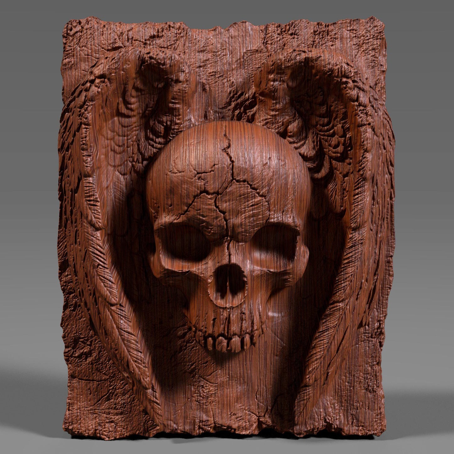 A hauntingly detailed 3D bas-relief of a cracked human skull with angel wings carved into a textured slab. The design blends gothic and spiritual elements, with realistic feathers and weathered stone details. Ideal for CNC carving, laser engraving, or 3D printing in wood, stone, or resin. Perfect for dark decor, Halloween wall panels, metal art, or gothic gifts for fans of macabre symbolism and dramatic wall accents.