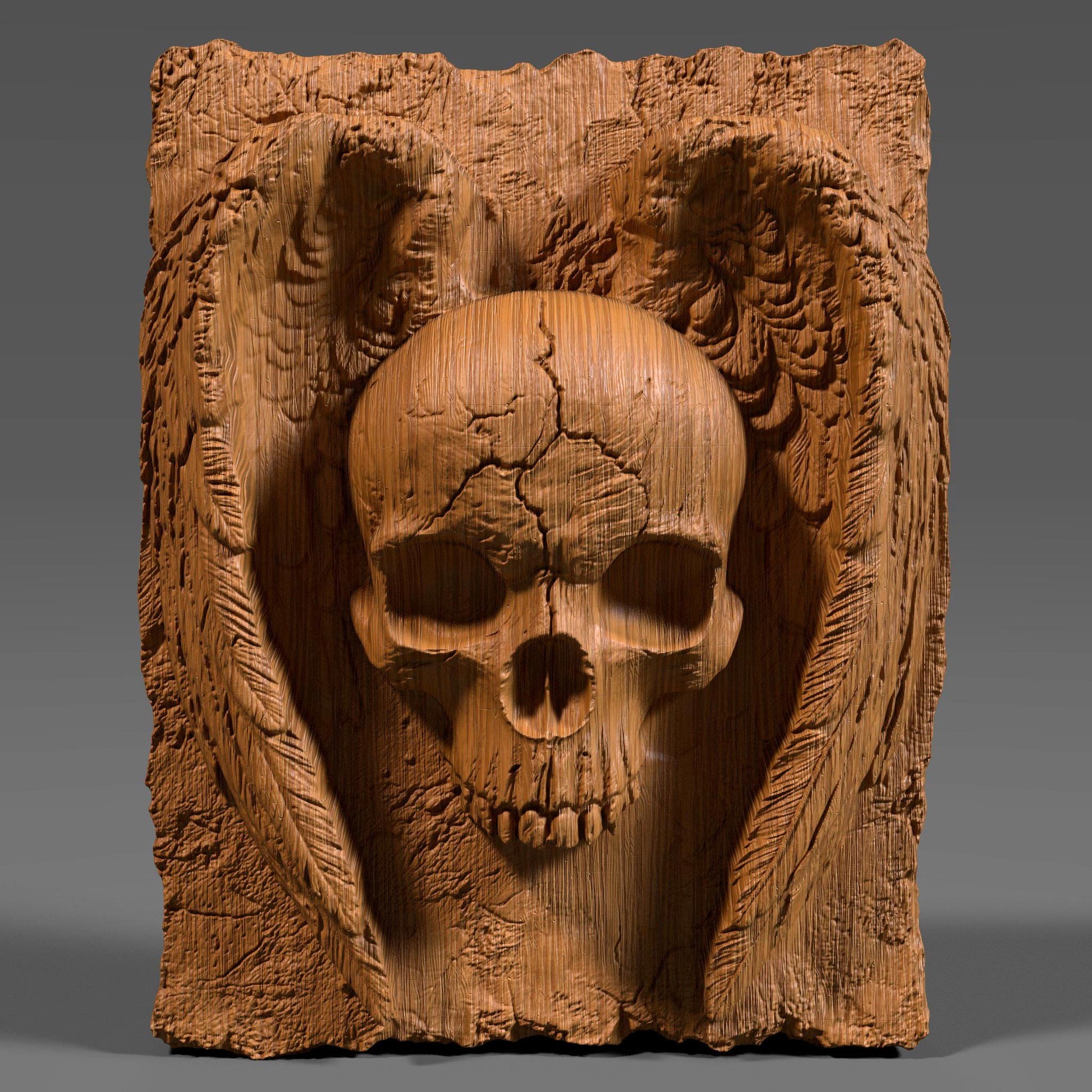 A hauntingly detailed 3D bas-relief of a cracked human skull with angel wings carved into a textured slab. The design blends gothic and spiritual elements, with realistic feathers and weathered stone details. Ideal for CNC carving, laser engraving, or 3D printing in wood, stone, or resin. Perfect for dark decor, Halloween wall panels, metal art, or gothic gifts for fans of macabre symbolism and dramatic wall accents.