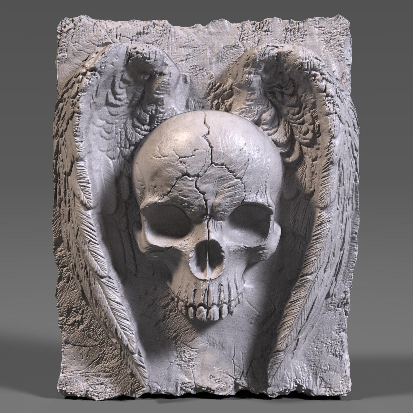 A hauntingly detailed 3D bas-relief of a cracked human skull with angel wings carved into a textured slab. The design blends gothic and spiritual elements, with realistic feathers and weathered stone details. Ideal for CNC carving, laser engraving, or 3D printing in wood, stone, or resin. Perfect for dark decor, Halloween wall panels, metal art, or gothic gifts for fans of macabre symbolism and dramatic wall accents.