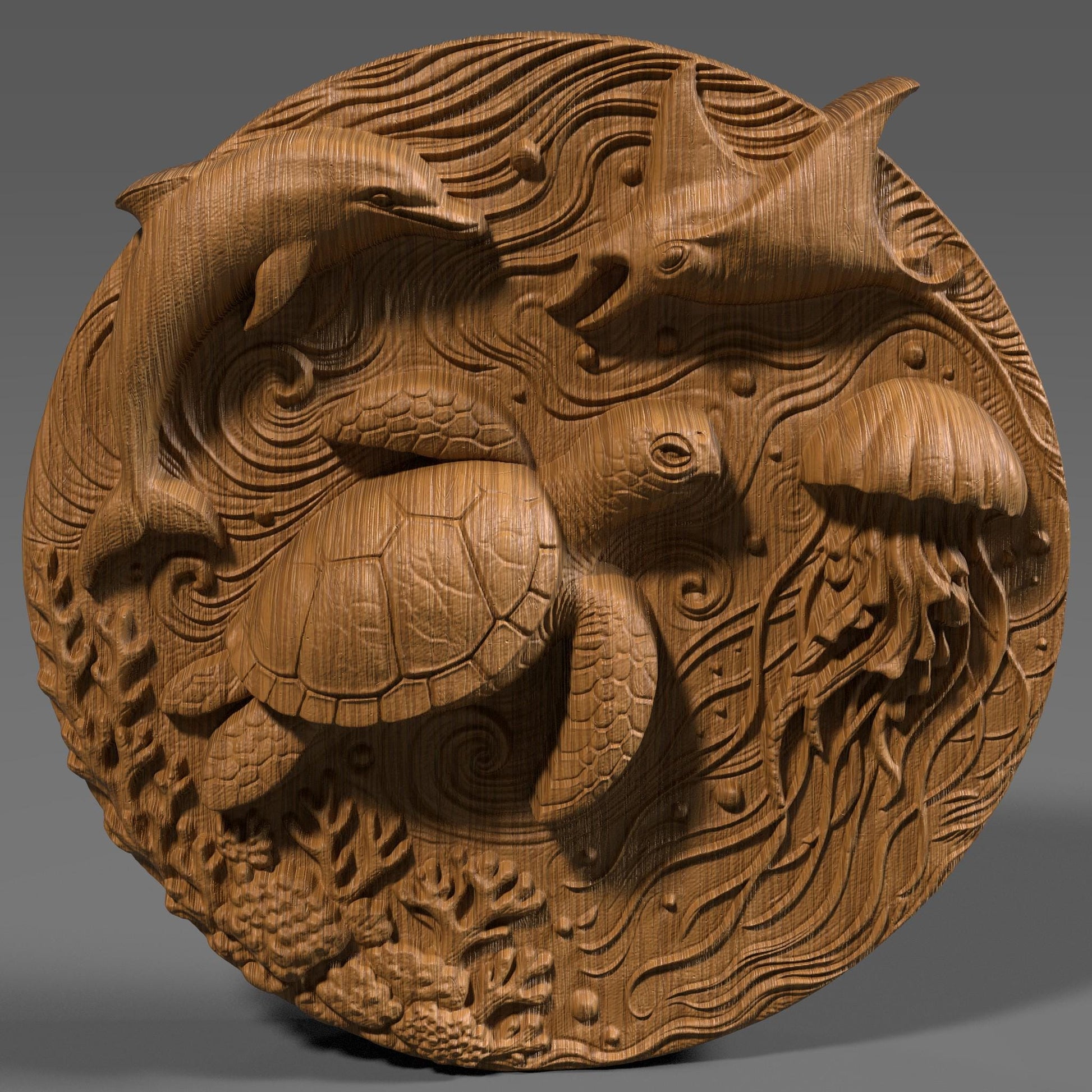 A highly detailed round 3D bas-relief of underwater ocean life featuring a sea turtle, dolphin, jellyfish, stingray, coral, and swirling currents. Perfect for summer-themed decor, beach houses, and tropical wall art. Designed for CNC carving, laser engraving, or 3D printing in wood, resin, or stone. A lively and peaceful marine scene ideal for ocean lovers, summer gifts, or coastal-inspired homes and vacation spaces.