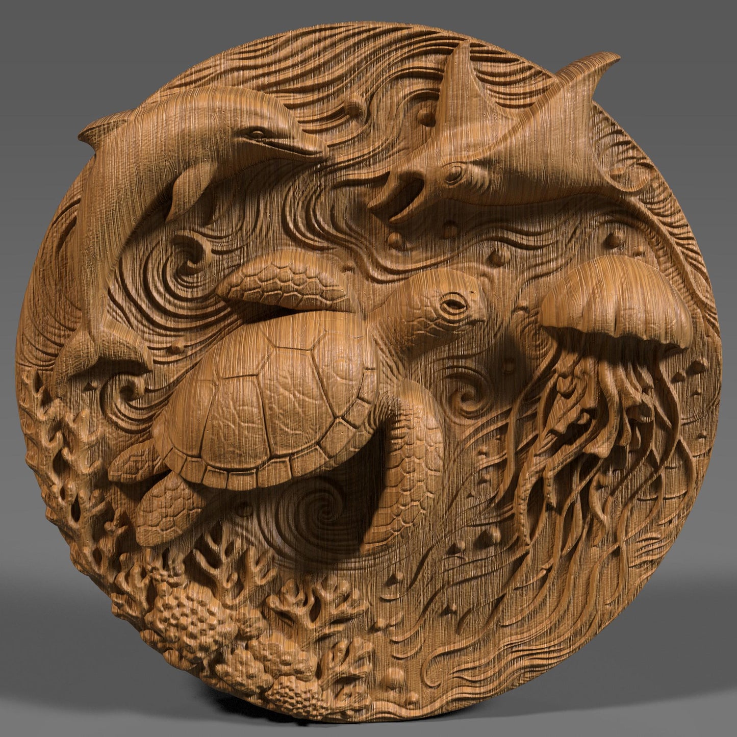 A highly detailed round 3D bas-relief of underwater ocean life featuring a sea turtle, dolphin, jellyfish, stingray, coral, and swirling currents. Perfect for summer-themed decor, beach houses, and tropical wall art. Designed for CNC carving, laser engraving, or 3D printing in wood, resin, or stone. A lively and peaceful marine scene ideal for ocean lovers, summer gifts, or coastal-inspired homes and vacation spaces.