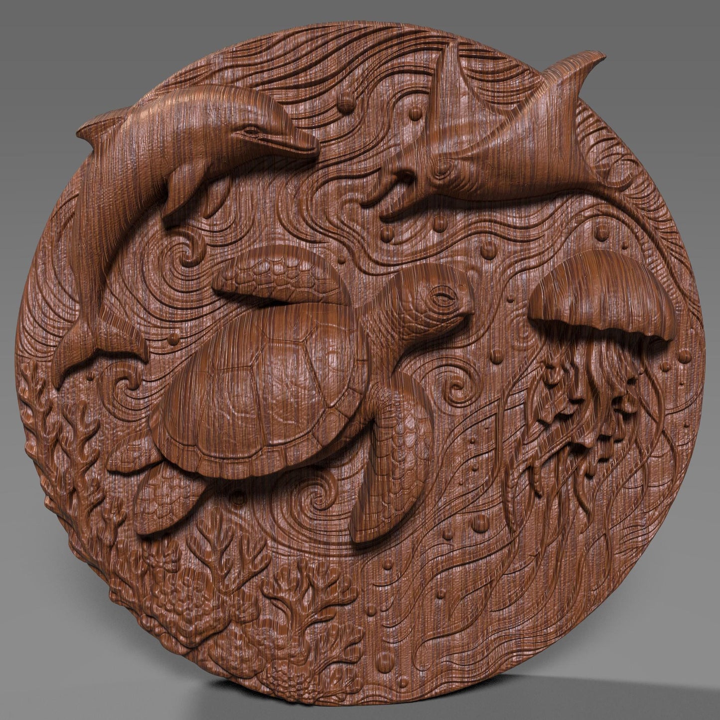 A highly detailed round 3D bas-relief of underwater ocean life featuring a sea turtle, dolphin, jellyfish, stingray, coral, and swirling currents. Perfect for summer-themed decor, beach houses, and tropical wall art. Designed for CNC carving, laser engraving, or 3D printing in wood, resin, or stone. A lively and peaceful marine scene ideal for ocean lovers, summer gifts, or coastal-inspired homes and vacation spaces.