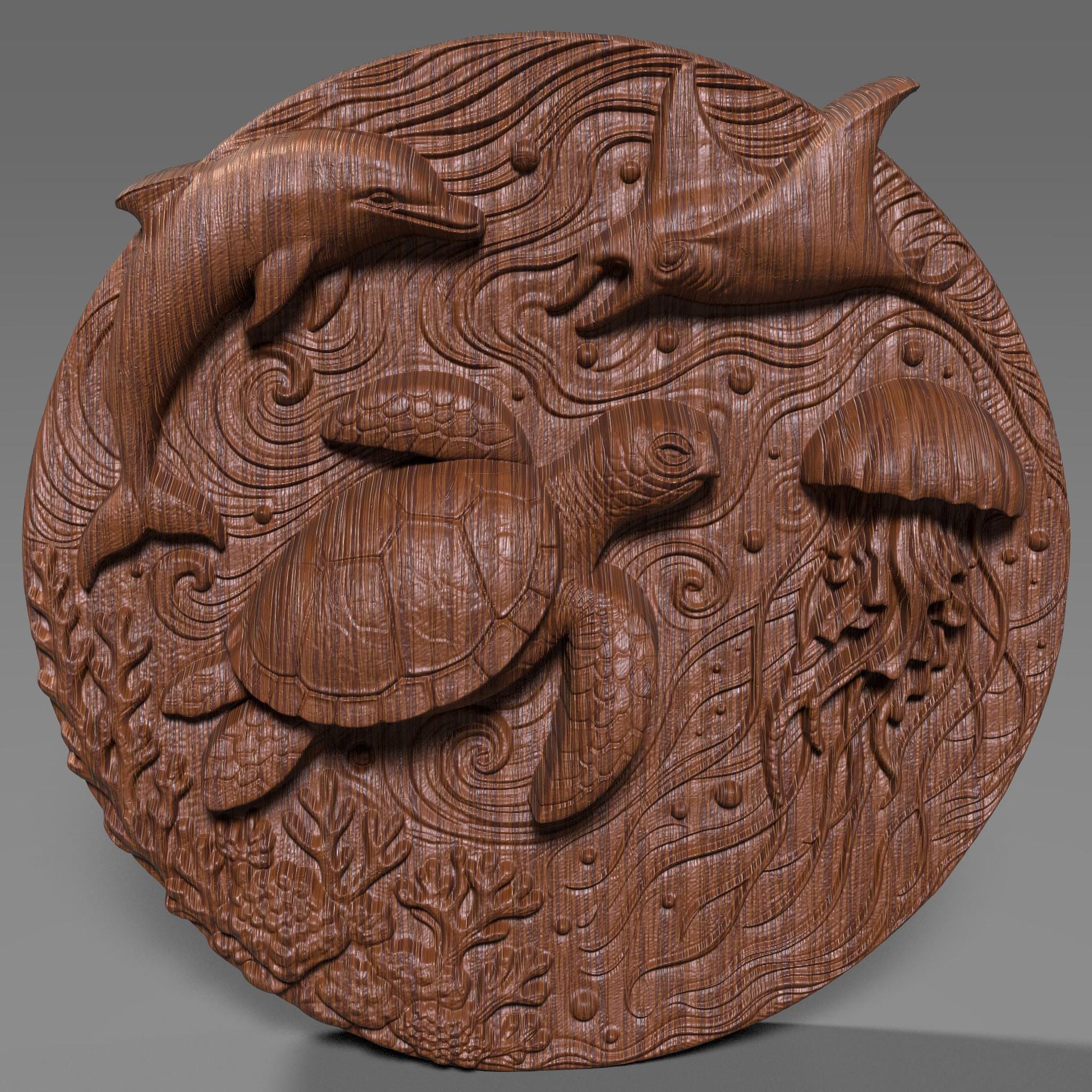 A highly detailed round 3D bas-relief of underwater ocean life featuring a sea turtle, dolphin, jellyfish, stingray, coral, and swirling currents. Perfect for summer-themed decor, beach houses, and tropical wall art. Designed for CNC carving, laser engraving, or 3D printing in wood, resin, or stone. A lively and peaceful marine scene ideal for ocean lovers, summer gifts, or coastal-inspired homes and vacation spaces.