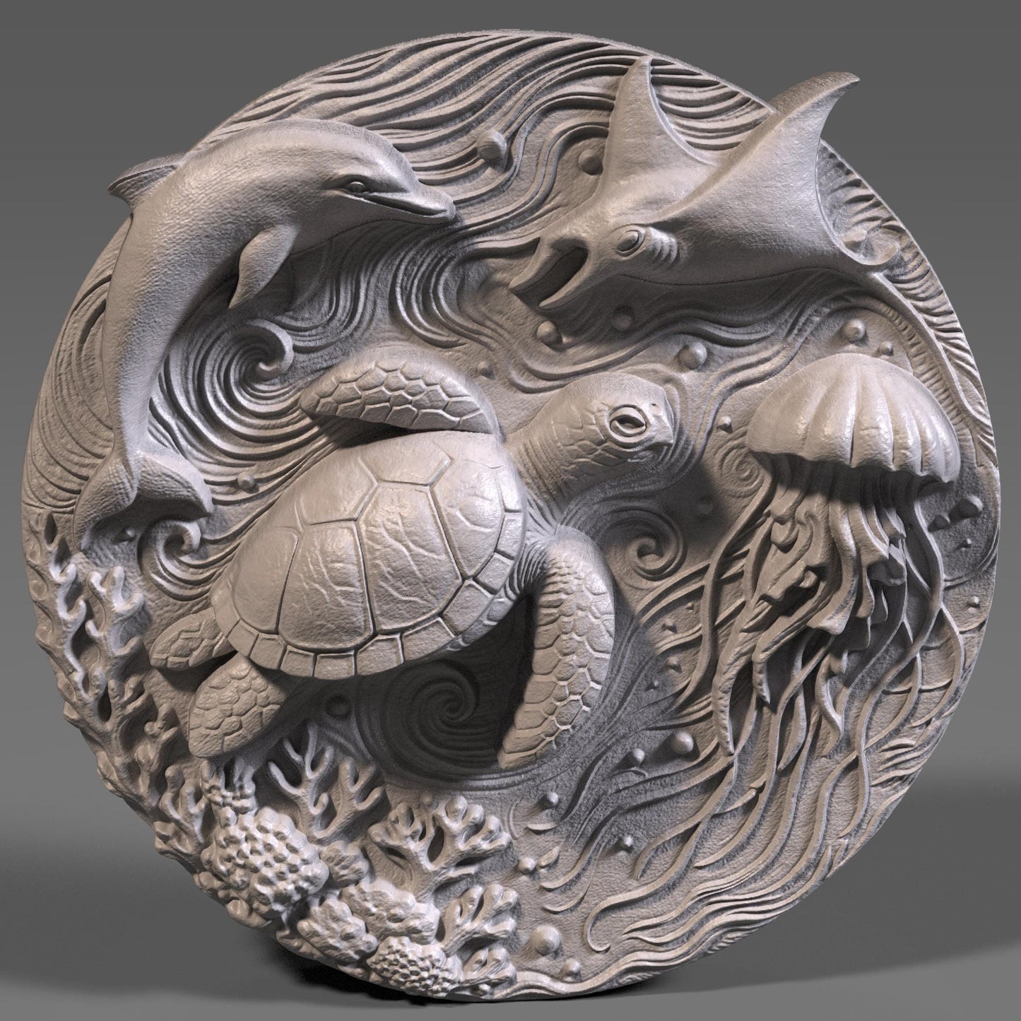 A highly detailed round 3D bas-relief of underwater ocean life featuring a sea turtle, dolphin, jellyfish, stingray, coral, and swirling currents. Perfect for summer-themed decor, beach houses, and tropical wall art. Designed for CNC carving, laser engraving, or 3D printing in wood, resin, or stone. A lively and peaceful marine scene ideal for ocean lovers, summer gifts, or coastal-inspired homes and vacation spaces.
