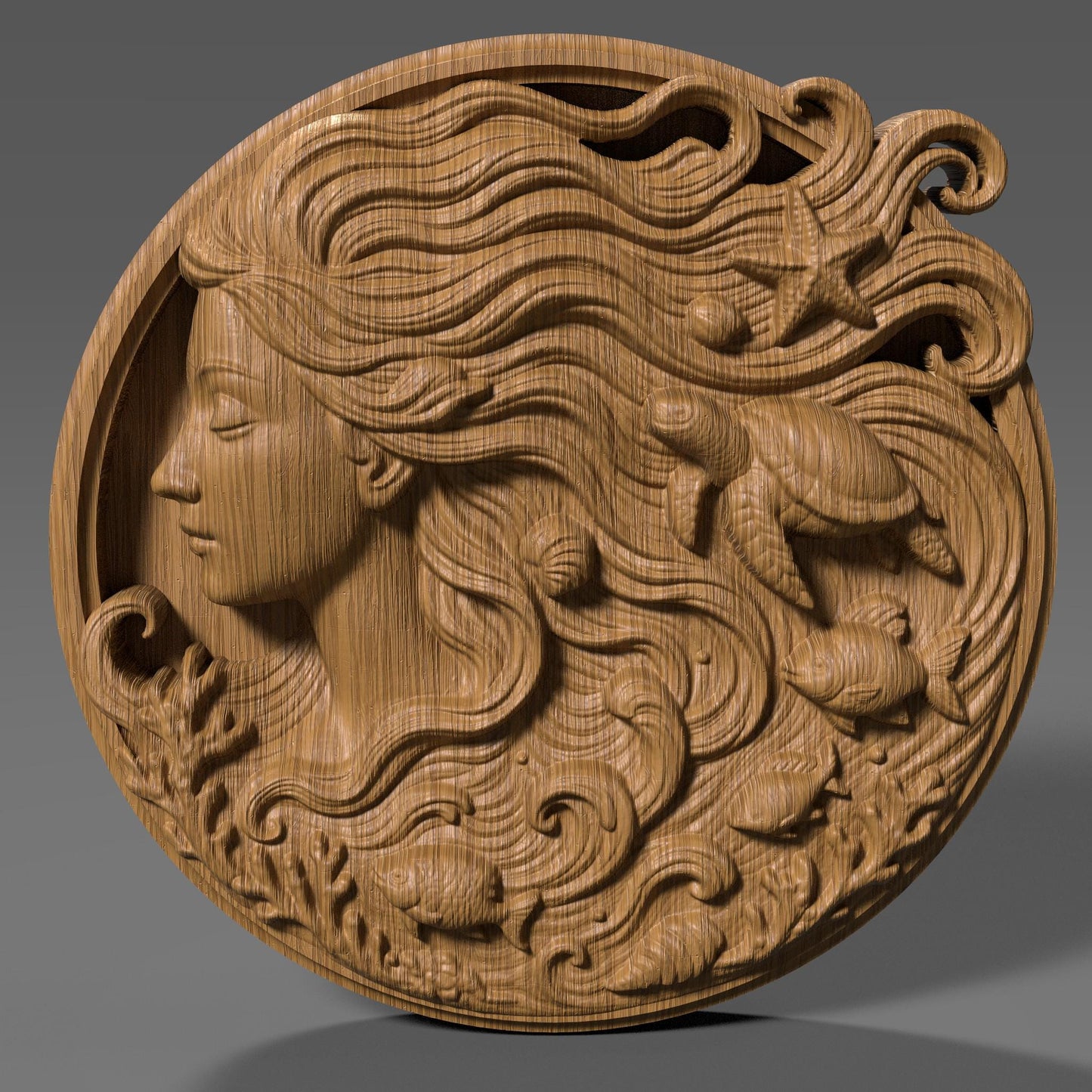 A stunning round 3D bas-relief sculpture of an ocean goddess with flowing hair that transforms into sea waves, filled with marine life like turtles, fish, starfish, shells, and coral. The design blends elegance, myth, and nature — perfect for summer décor, coastal homes, or tropical-themed spaces. Ideal for CNC carving, laser engraving, or 3D printing in wood, resin, or marble for beach lovers or mermaid art collectors.