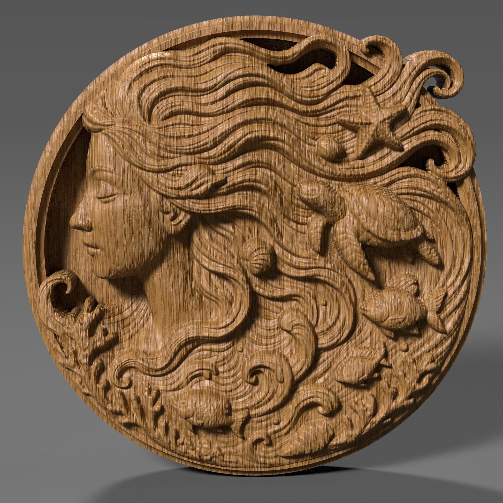 A stunning round 3D bas-relief sculpture of an ocean goddess with flowing hair that transforms into sea waves, filled with marine life like turtles, fish, starfish, shells, and coral. The design blends elegance, myth, and nature — perfect for summer décor, coastal homes, or tropical-themed spaces. Ideal for CNC carving, laser engraving, or 3D printing in wood, resin, or marble for beach lovers or mermaid art collectors.