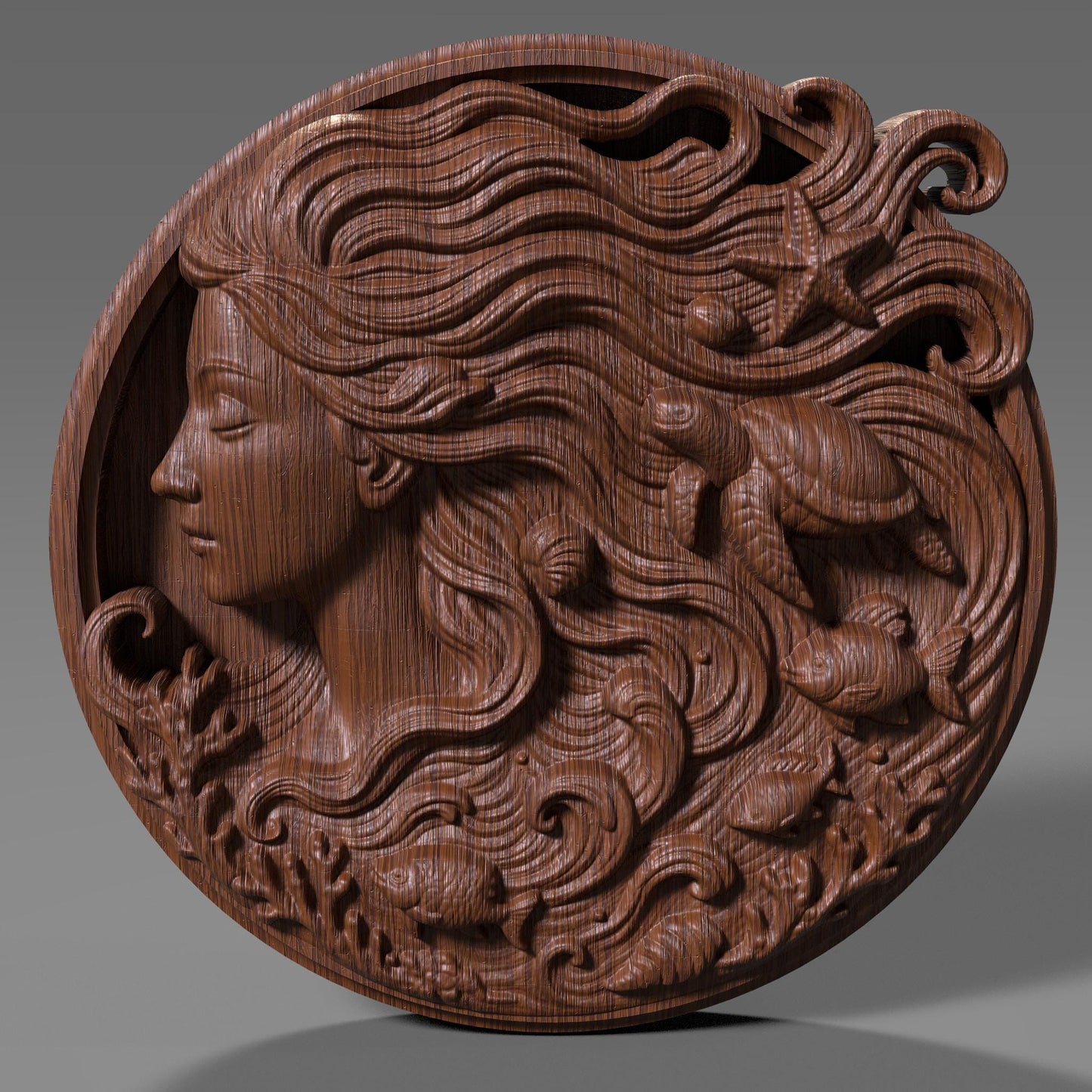 A stunning round 3D bas-relief sculpture of an ocean goddess with flowing hair that transforms into sea waves, filled with marine life like turtles, fish, starfish, shells, and coral. The design blends elegance, myth, and nature — perfect for summer décor, coastal homes, or tropical-themed spaces. Ideal for CNC carving, laser engraving, or 3D printing in wood, resin, or marble for beach lovers or mermaid art collectors.
