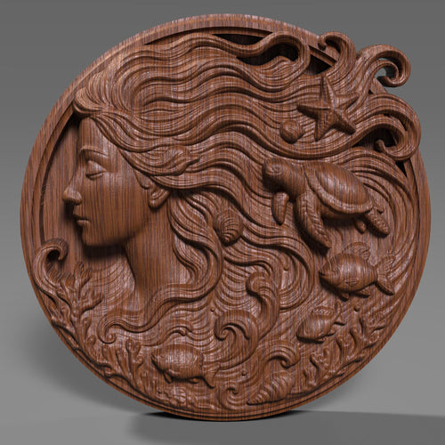 Ocean Goddess 3D Relief STL File: Mermaid, Sea Life CNC Laser Embossing