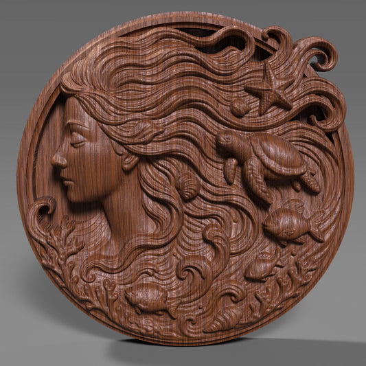 A stunning round 3D bas-relief sculpture of an ocean goddess with flowing hair that transforms into sea waves, filled with marine life like turtles, fish, starfish, shells, and coral. The design blends elegance, myth, and nature — perfect for summer décor, coastal homes, or tropical-themed spaces. Ideal for CNC carving, laser engraving, or 3D printing in wood, resin, or marble for beach lovers or mermaid art collectors.