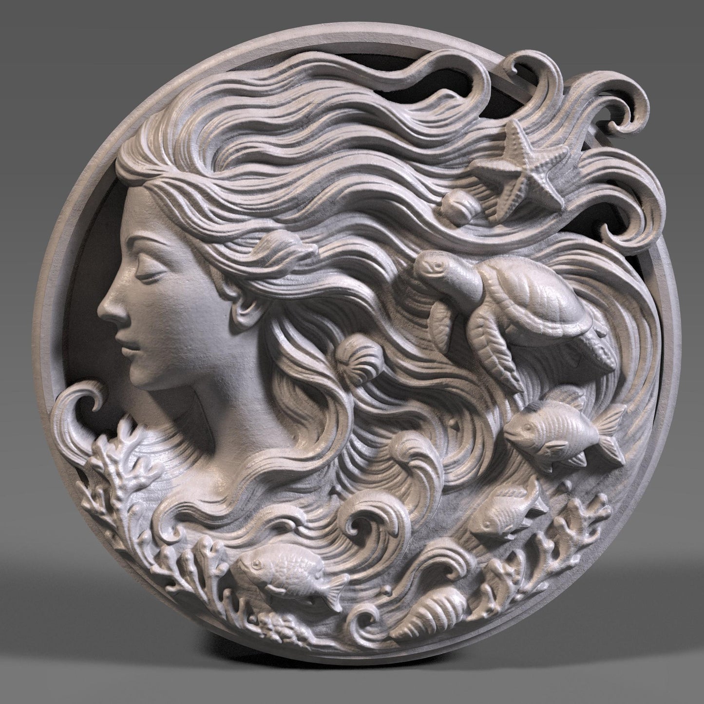 A stunning round 3D bas-relief sculpture of an ocean goddess with flowing hair that transforms into sea waves, filled with marine life like turtles, fish, starfish, shells, and coral. The design blends elegance, myth, and nature — perfect for summer décor, coastal homes, or tropical-themed spaces. Ideal for CNC carving, laser engraving, or 3D printing in wood, resin, or marble for beach lovers or mermaid art collectors.