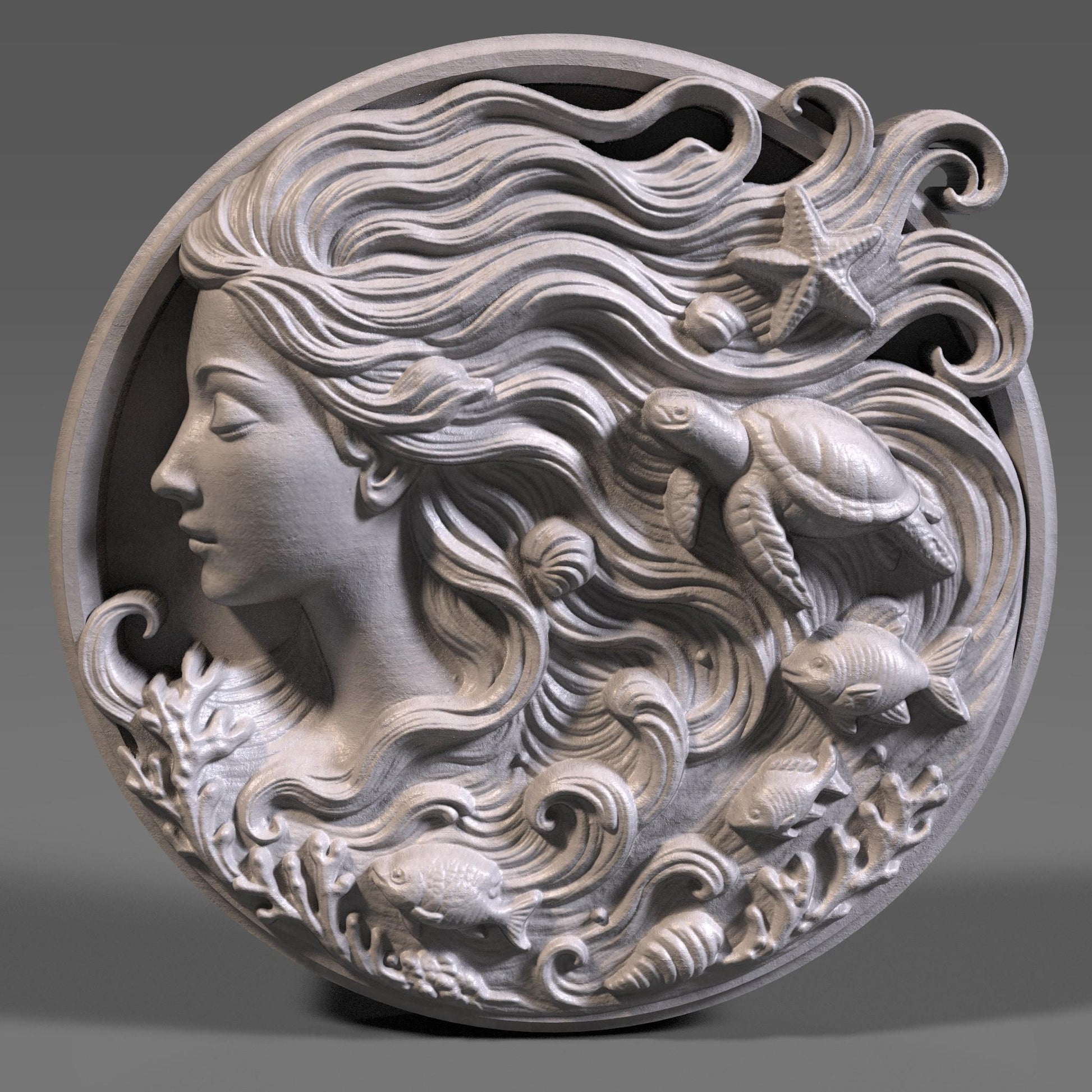 A stunning round 3D bas-relief sculpture of an ocean goddess with flowing hair that transforms into sea waves, filled with marine life like turtles, fish, starfish, shells, and coral. The design blends elegance, myth, and nature — perfect for summer décor, coastal homes, or tropical-themed spaces. Ideal for CNC carving, laser engraving, or 3D printing in wood, resin, or marble for beach lovers or mermaid art collectors.