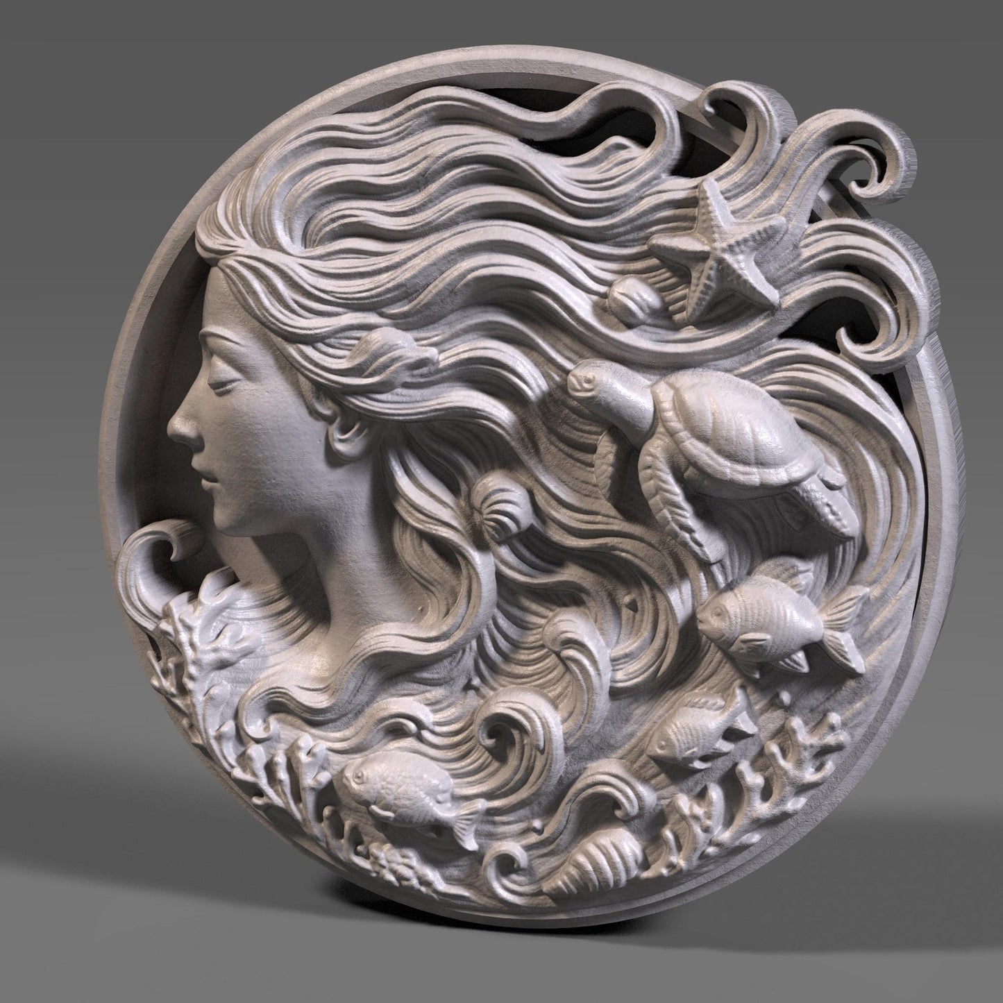 Ocean Goddess 3D Relief STL File: Mermaid, Sea Life CNC Laser Embossing