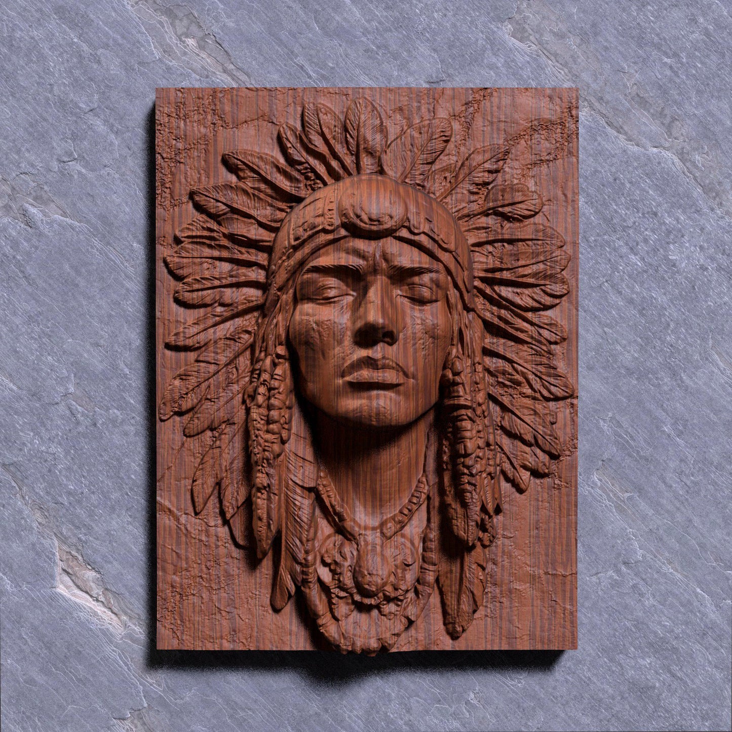 A detailed bas-relief carving of a Native American Indigenous man wearing a traditional feathered headdress, capturing strength and dignity in every line. The artwork is framed in a rectangular slab and ideal for CNC carving, 3D printing, or laser engraving in wood, stone, or ivory-like materials. This tribal chief design brings cultural depth and historical spirit to rustic or heritage-inspired interiors and is a powerful piece for collectors or gift-giving.