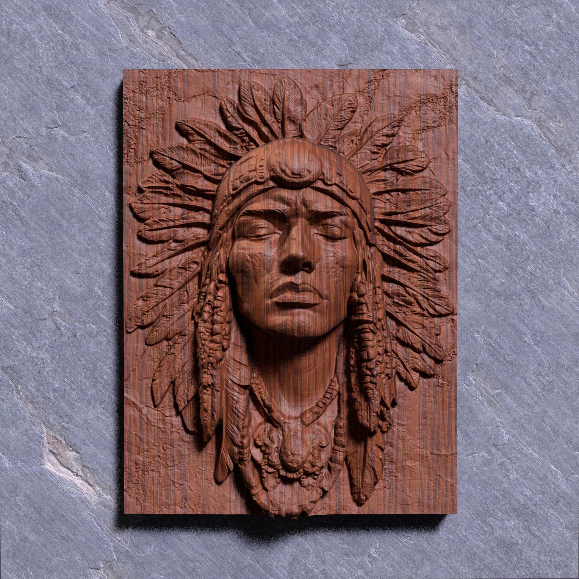 A detailed bas-relief carving of a Native American Indigenous man wearing a traditional feathered headdress, capturing strength and dignity in every line. The artwork is framed in a rectangular slab and ideal for CNC carving, 3D printing, or laser engraving in wood, stone, or ivory-like materials. This tribal chief design brings cultural depth and historical spirit to rustic or heritage-inspired interiors and is a powerful piece for collectors or gift-giving.