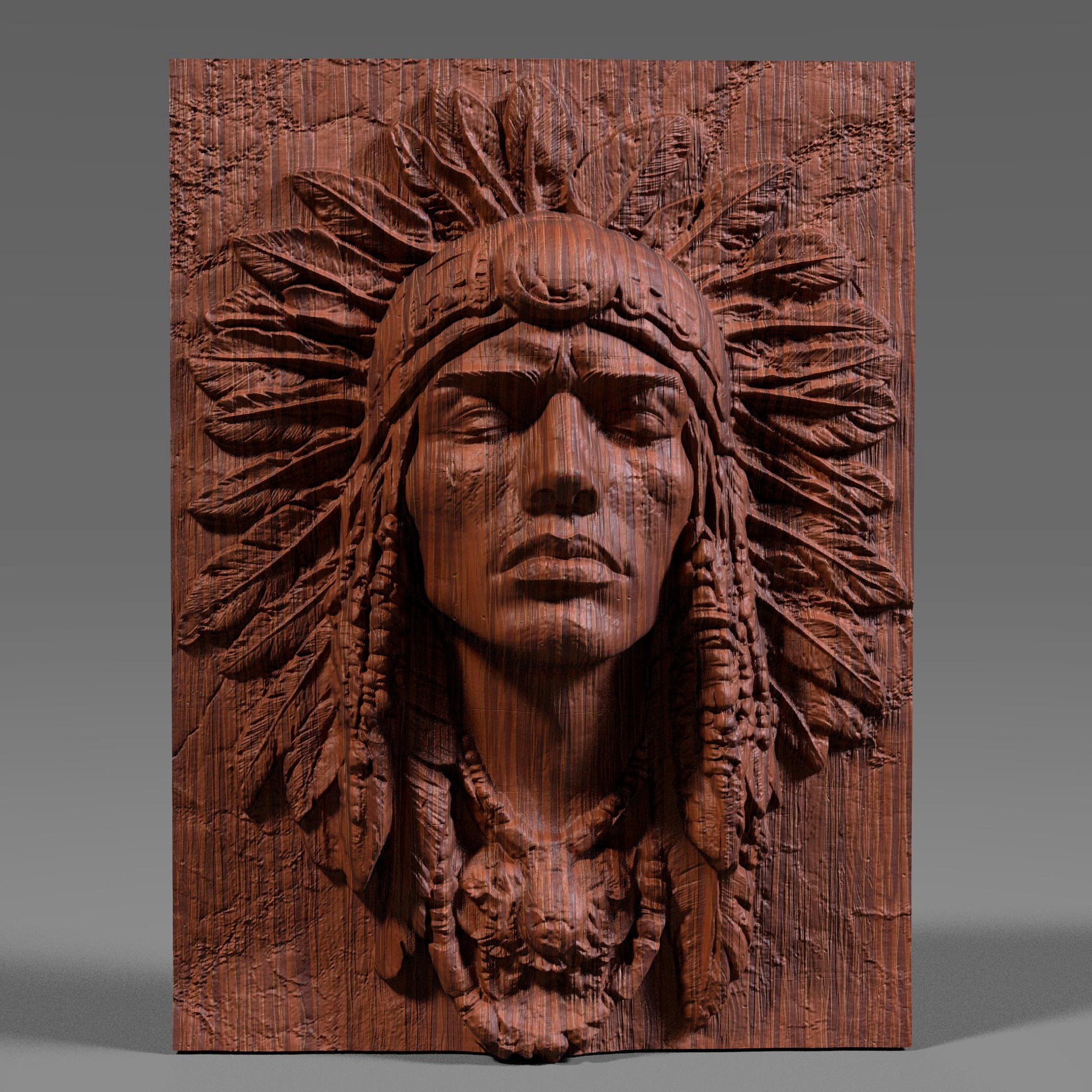 A detailed bas-relief carving of a Native American Indigenous man wearing a traditional feathered headdress, capturing strength and dignity in every line. The artwork is framed in a rectangular slab and ideal for CNC carving, 3D printing, or laser engraving in wood, stone, or ivory-like materials. This tribal chief design brings cultural depth and historical spirit to rustic or heritage-inspired interiors and is a powerful piece for collectors or gift-giving.