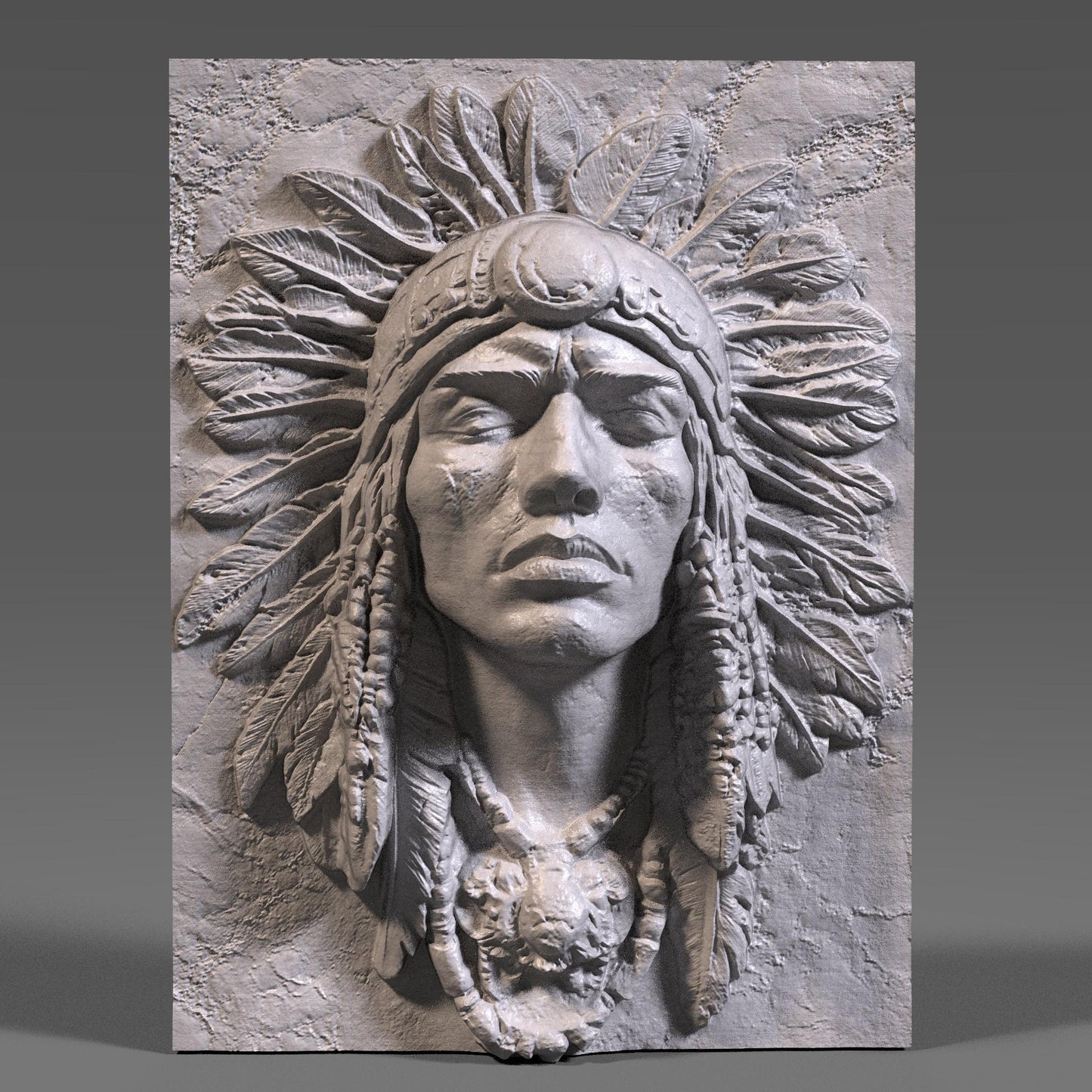 A detailed bas-relief carving of a Native American Indigenous man wearing a traditional feathered headdress, capturing strength and dignity in every line. The artwork is framed in a rectangular slab and ideal for CNC carving, 3D printing, or laser engraving in wood, stone, or ivory-like materials. This tribal chief design brings cultural depth and historical spirit to rustic or heritage-inspired interiors and is a powerful piece for collectors or gift-giving.