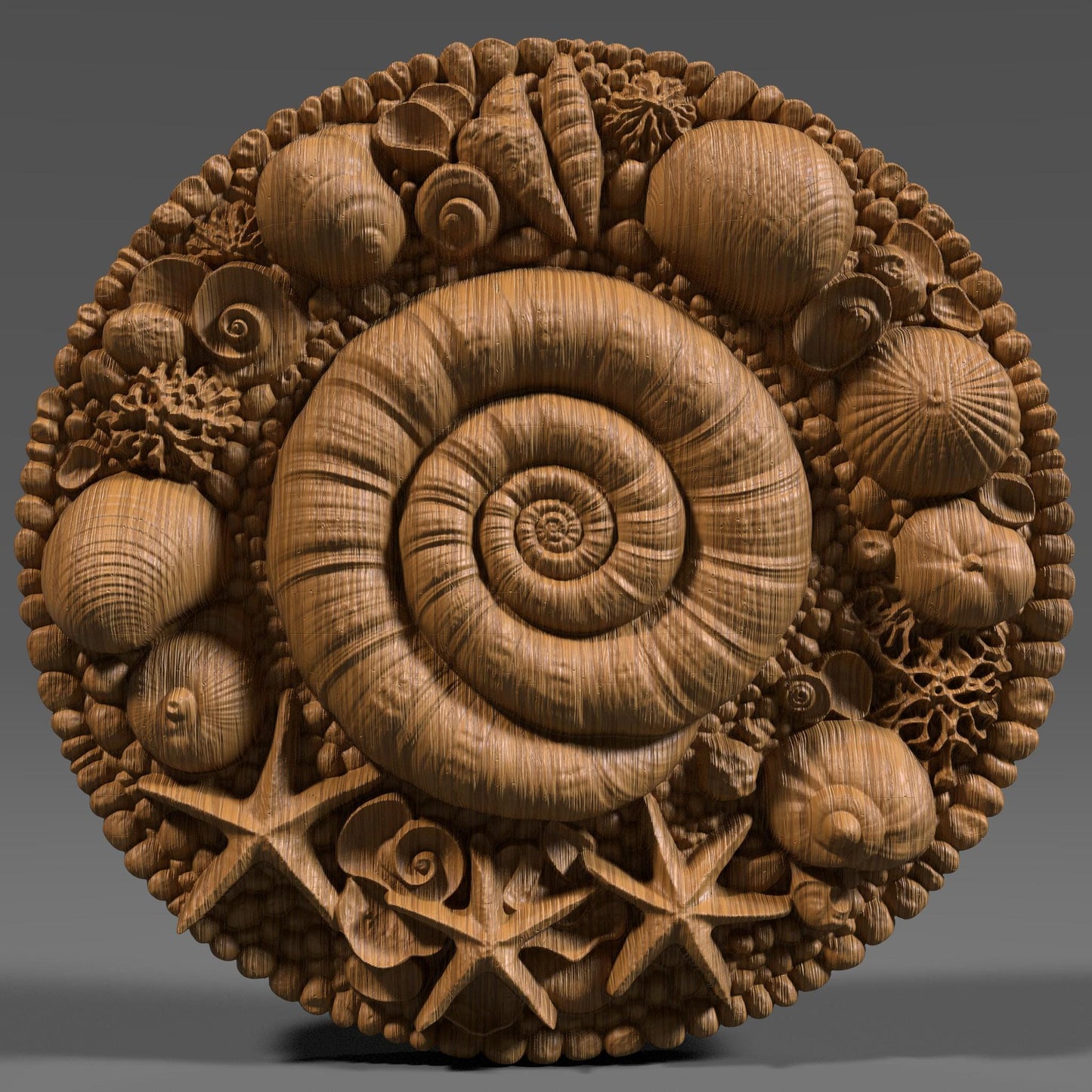 A round 3D bas-relief mandala featuring a spiral seashell at the center surrounded by starfish, coral, and a wide variety of seashells and pebbles. The carving evokes the serenity and richness of the ocean, ideal for beach-themed or summer-inspired decor. Perfect for CNC carving, laser engraving, or 3D printing in wood, resin, or stone. Great for coastal homes, sea lovers, spa walls, or nautical gift panels.