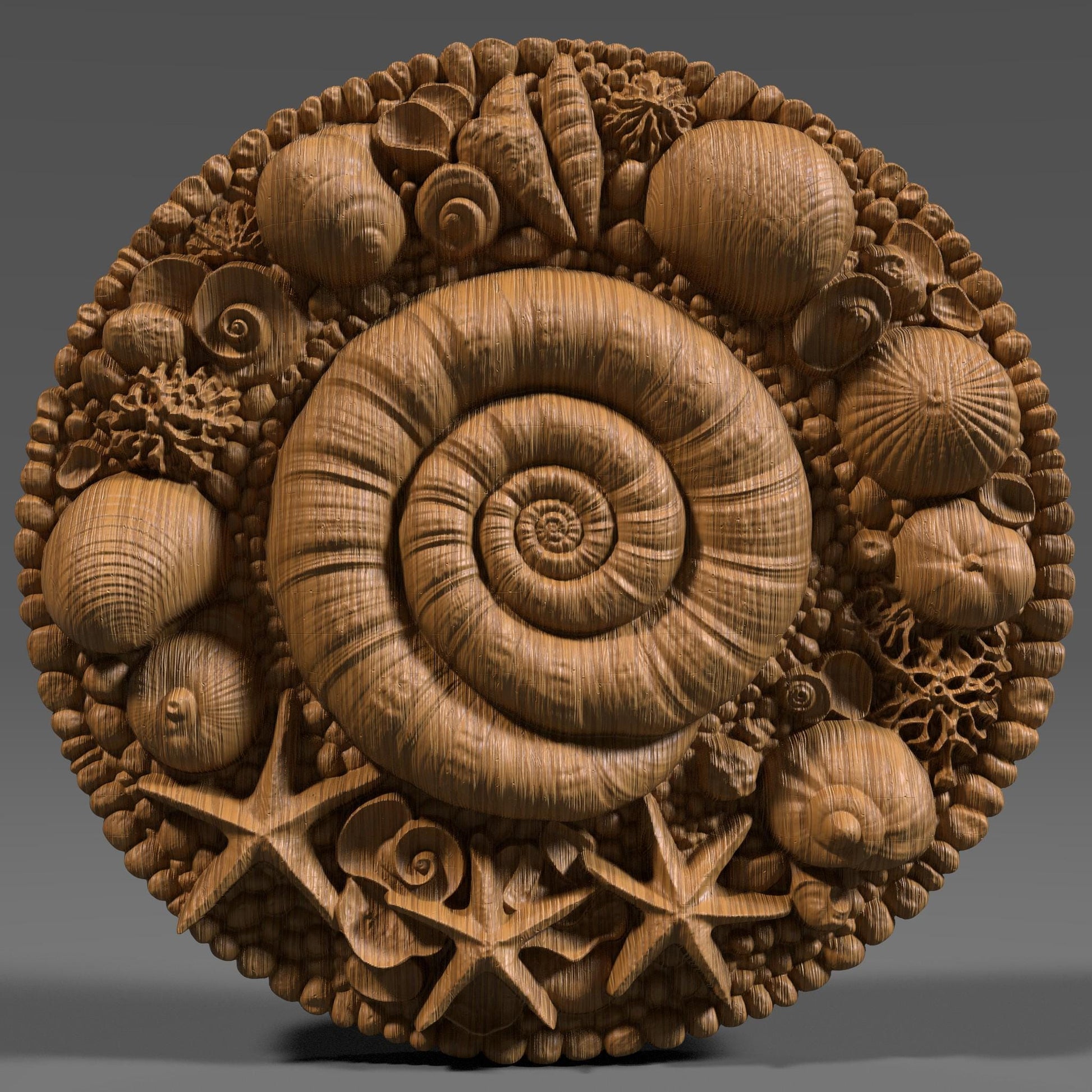 A round 3D bas-relief mandala featuring a spiral seashell at the center surrounded by starfish, coral, and a wide variety of seashells and pebbles. The carving evokes the serenity and richness of the ocean, ideal for beach-themed or summer-inspired decor. Perfect for CNC carving, laser engraving, or 3D printing in wood, resin, or stone. Great for coastal homes, sea lovers, spa walls, or nautical gift panels.