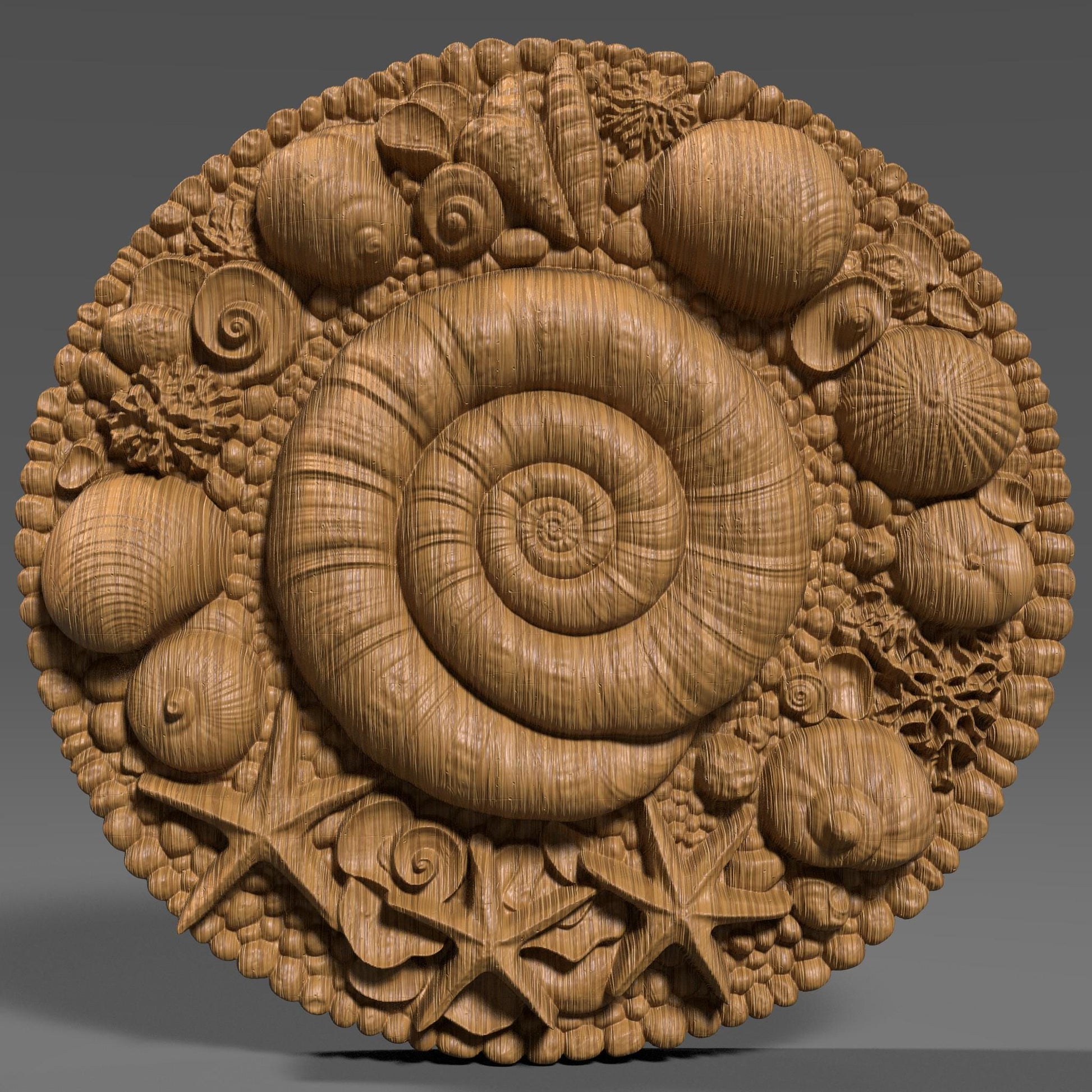 A round 3D bas-relief mandala featuring a spiral seashell at the center surrounded by starfish, coral, and a wide variety of seashells and pebbles. The carving evokes the serenity and richness of the ocean, ideal for beach-themed or summer-inspired decor. Perfect for CNC carving, laser engraving, or 3D printing in wood, resin, or stone. Great for coastal homes, sea lovers, spa walls, or nautical gift panels.