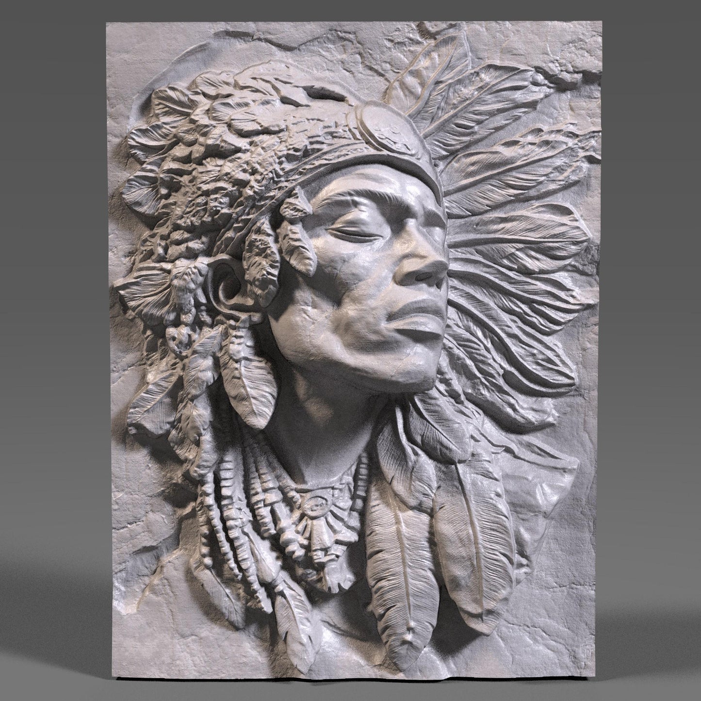 A detailed bas-relief carving of a Native American Indigenous man wearing a traditional feathered headdress, capturing strength and dignity in every line. The artwork is framed in a rectangular slab and ideal for CNC carving, 3D printing, or laser engraving in wood, stone, or ivory-like materials. This tribal chief design brings cultural depth and historical spirit to rustic or heritage-inspired interiors and is a powerful piece for collectors or gift-giving.