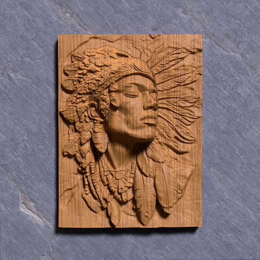 A detailed bas-relief carving of a Native American Indigenous man wearing a traditional feathered headdress, capturing strength and dignity in every line. The artwork is framed in a rectangular slab and ideal for CNC carving, 3D printing, or laser engraving in wood, stone, or ivory-like materials. This tribal chief design brings cultural depth and historical spirit to rustic or heritage-inspired interiors and is a powerful piece for collectors or gift-giving.