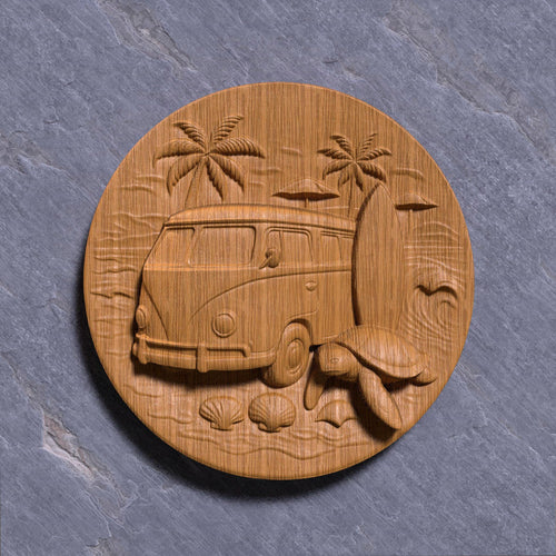 Surf Van & Sea Turtle 3D Relief Model: Coastal Wall Art (STL File)