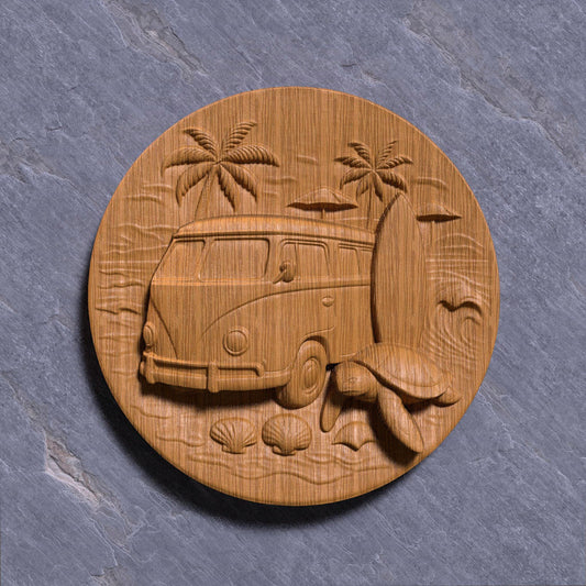 A tropical bas-relief carving featuring a retro surf van, a sea turtle, surfboard, palm trees, umbrellas, waves, and seashells on a round slab. This summery beach scene radiates laid-back vacation vibes and is perfect for coastal homes, beach-themed decor, camper van lovers, or surfing fans. Ideal for CNC carving, laser engraving, or 3D printing in wood, resin, or ivory-style materials to create a cheerful and relaxing wall panel for summer decor or travel gifts.