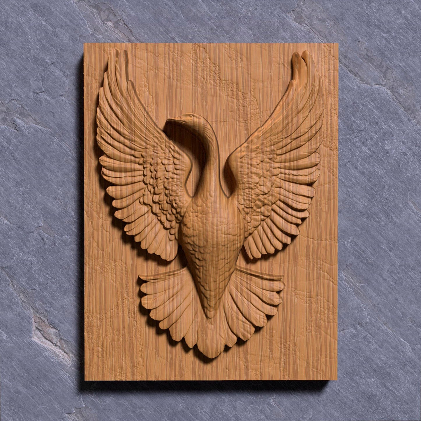 Stunning bas-relief sculpture of a Canada goose with wings fully spread in an elegant, upward motion. This detailed 3D artwork is ideal for CNC carving, laser engraving, or 3D printing in wood, resin, or ivory-style material. A perfect piece for wildlife lovers, rustic home décor, cabin walls, or patriotic gifts, symbolizing strength and grace in flight—bringing natural beauty to any interior setting.