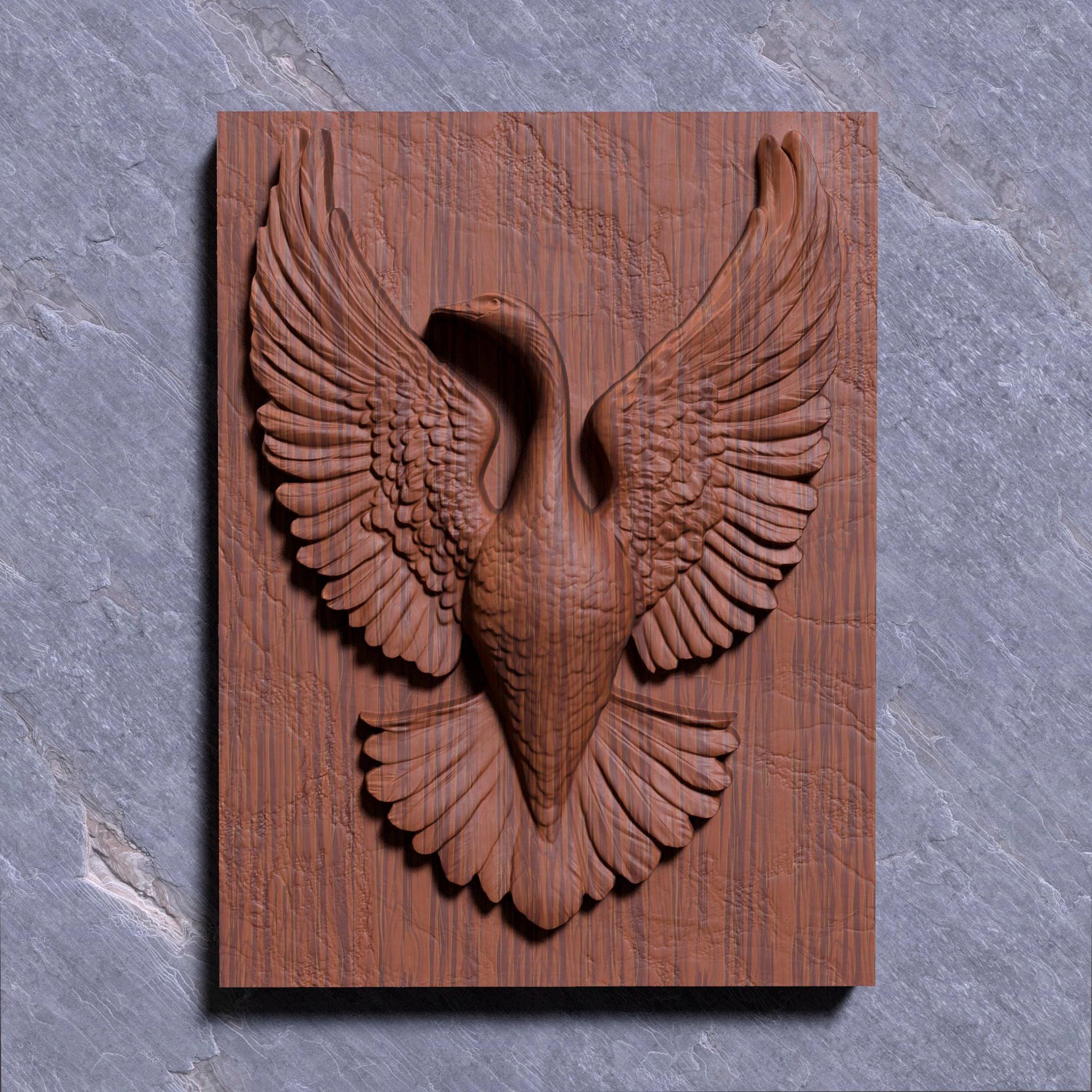 Stunning bas-relief sculpture of a Canada goose with wings fully spread in an elegant, upward motion. This detailed 3D artwork is ideal for CNC carving, laser engraving, or 3D printing in wood, resin, or ivory-style material. A perfect piece for wildlife lovers, rustic home décor, cabin walls, or patriotic gifts, symbolizing strength and grace in flight—bringing natural beauty to any interior setting.