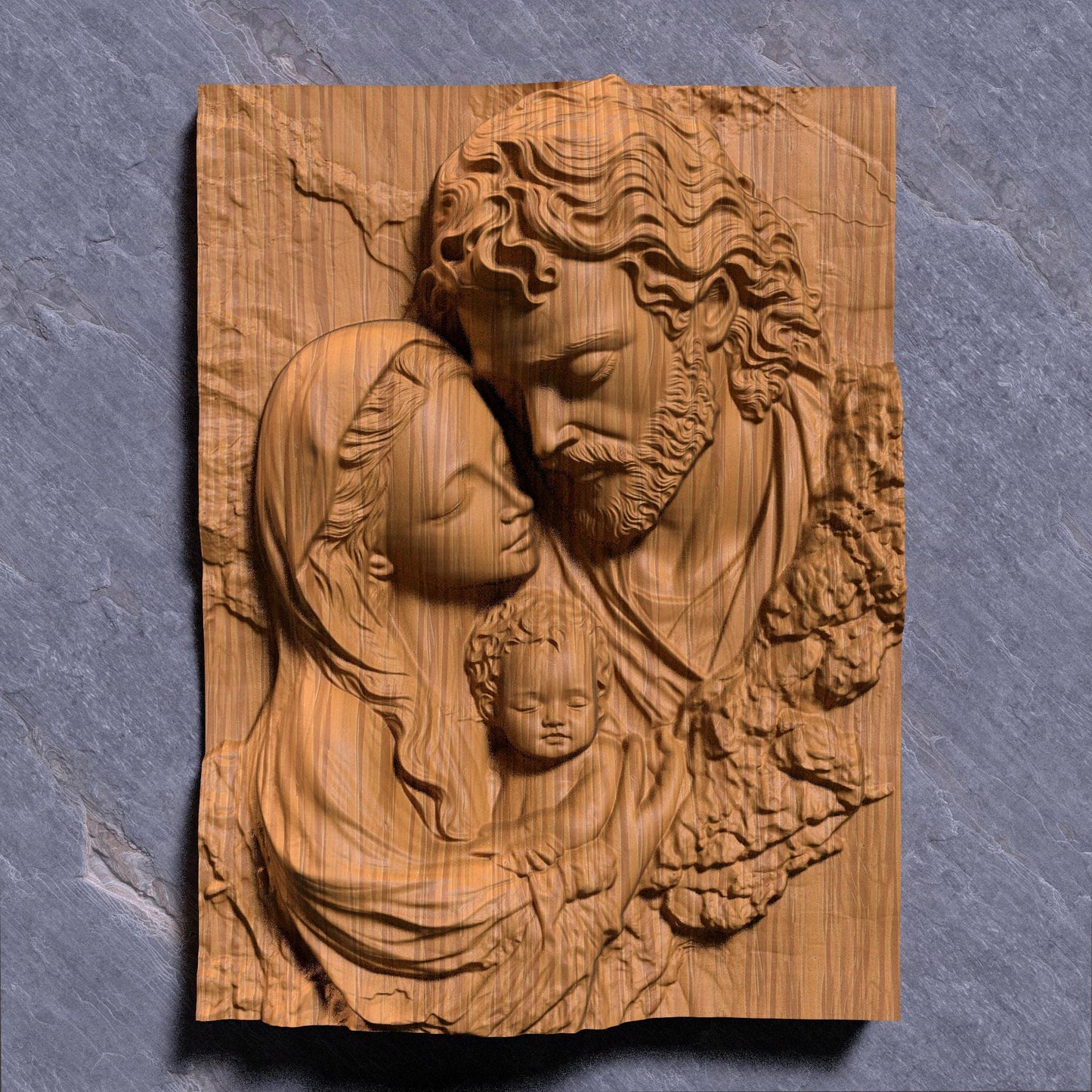A serene and deeply touching bas-relief of the Holy Family featuring Joseph, Mother Mary, and Baby Jesus in a tender moment. Designed in high detail for CNC carving, laser engraving, and 3D printing, this Christian wall art radiates love, peace, and divinity. Ideal for religious décor, spiritual gifts, or holiday decorations, this STL design captures the sacred beauty of the nativity scene in wood, ivory, or marble-style finishes.