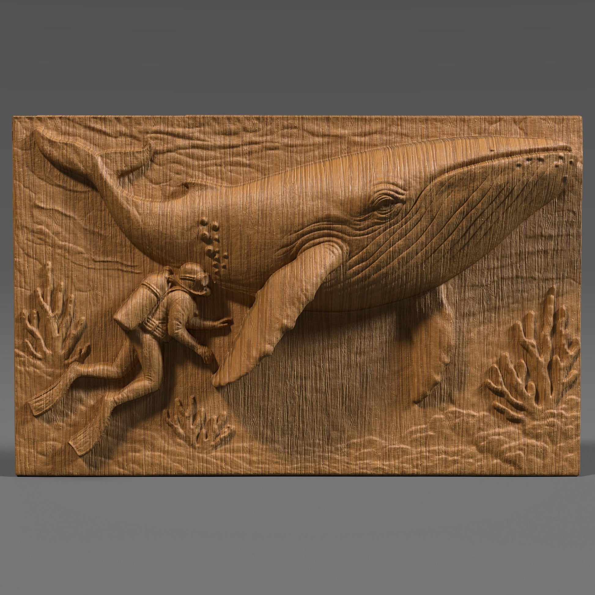 A detailed rectangular 3D bas-relief of a scuba diver peacefully swimming beside a majestic whale in an underwater ocean scene, surrounded by coral. This artwork captures a serene marine encounter and is ideal for ocean-themed summer decor, diving enthusiasts, and coastal interior styles. Suitable for CNC carving, laser engraving, or 3D printing in wood, resin, or stone for beach homes, nautical gifts, or sea life wall panels.
