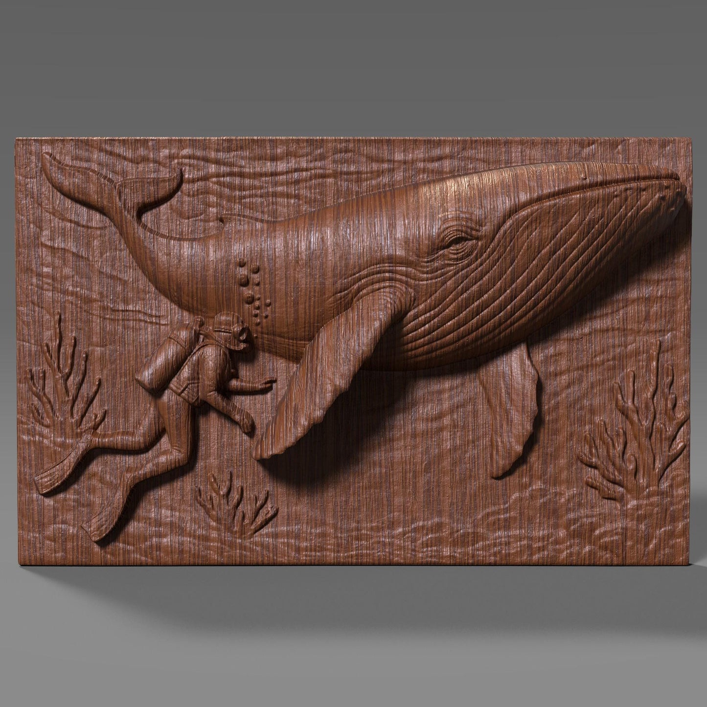 A detailed rectangular 3D bas-relief of a scuba diver peacefully swimming beside a majestic whale in an underwater ocean scene, surrounded by coral. This artwork captures a serene marine encounter and is ideal for ocean-themed summer decor, diving enthusiasts, and coastal interior styles. Suitable for CNC carving, laser engraving, or 3D printing in wood, resin, or stone for beach homes, nautical gifts, or sea life wall panels.