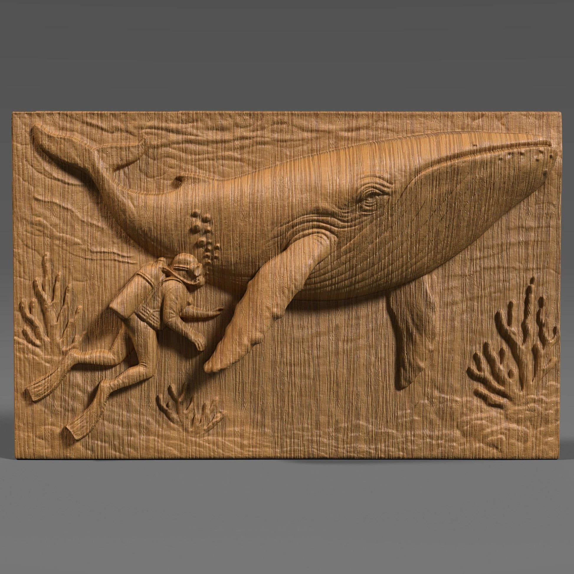 A detailed rectangular 3D bas-relief of a scuba diver peacefully swimming beside a majestic whale in an underwater ocean scene, surrounded by coral. This artwork captures a serene marine encounter and is ideal for ocean-themed summer decor, diving enthusiasts, and coastal interior styles. Suitable for CNC carving, laser engraving, or 3D printing in wood, resin, or stone for beach homes, nautical gifts, or sea life wall panels.