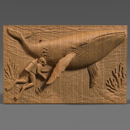 Whale & Diver 3D Relief Model: CNC, Laser, 3D Print (STL File)