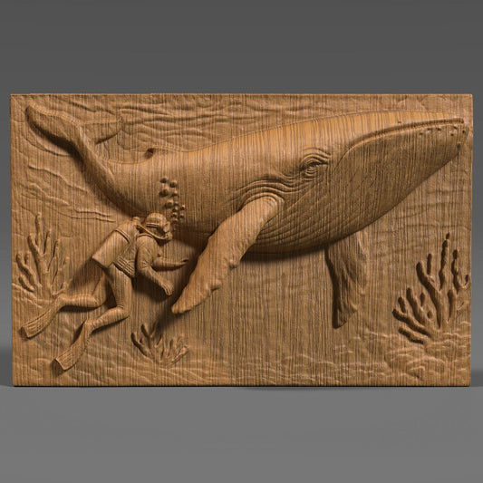 A detailed rectangular 3D bas-relief of a scuba diver peacefully swimming beside a majestic whale in an underwater ocean scene, surrounded by coral. This artwork captures a serene marine encounter and is ideal for ocean-themed summer decor, diving enthusiasts, and coastal interior styles. Suitable for CNC carving, laser engraving, or 3D printing in wood, resin, or stone for beach homes, nautical gifts, or sea life wall panels.