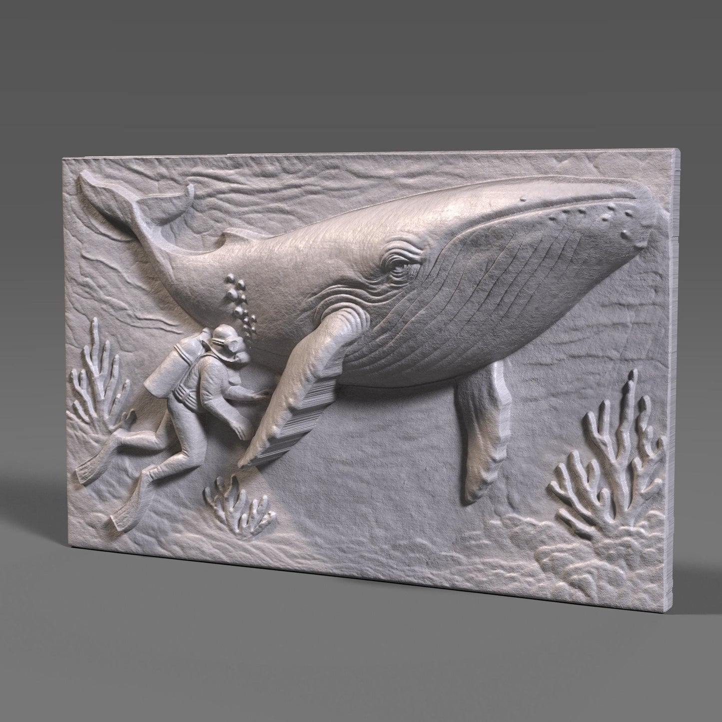 Whale & Diver 3D Relief Model: CNC, Laser, 3D Print (STL File)